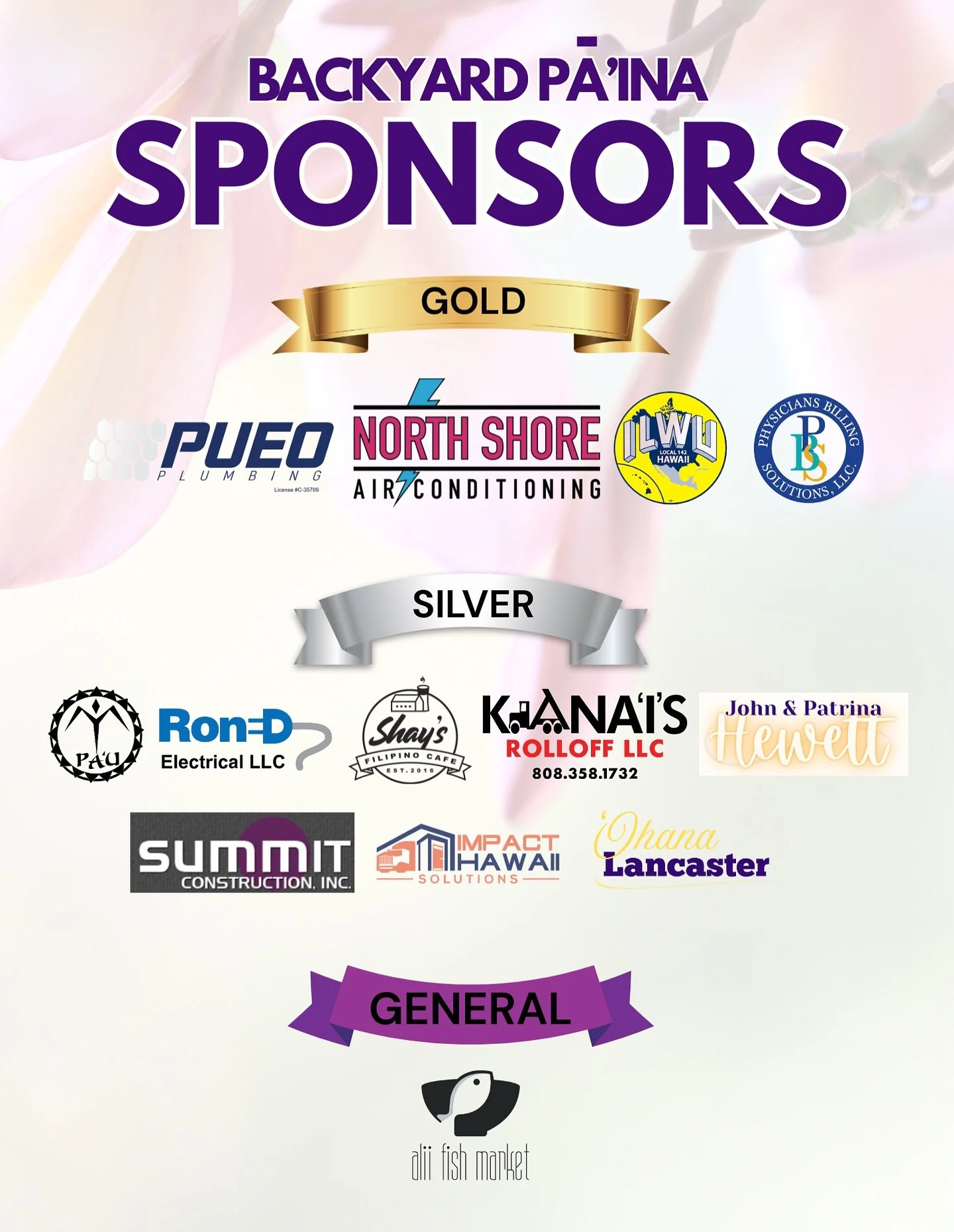 A huge mahalo to our amazing Backyard Pāʻina sponsors! 

Your generosity helps make this event possible and supports our Damien community. 💜💛

@pueoplumbing 
@northshoreairconditioning 
@ilwu142hi 
@ron_d_electrical_services 
@shaysfilipinocafe 
@k