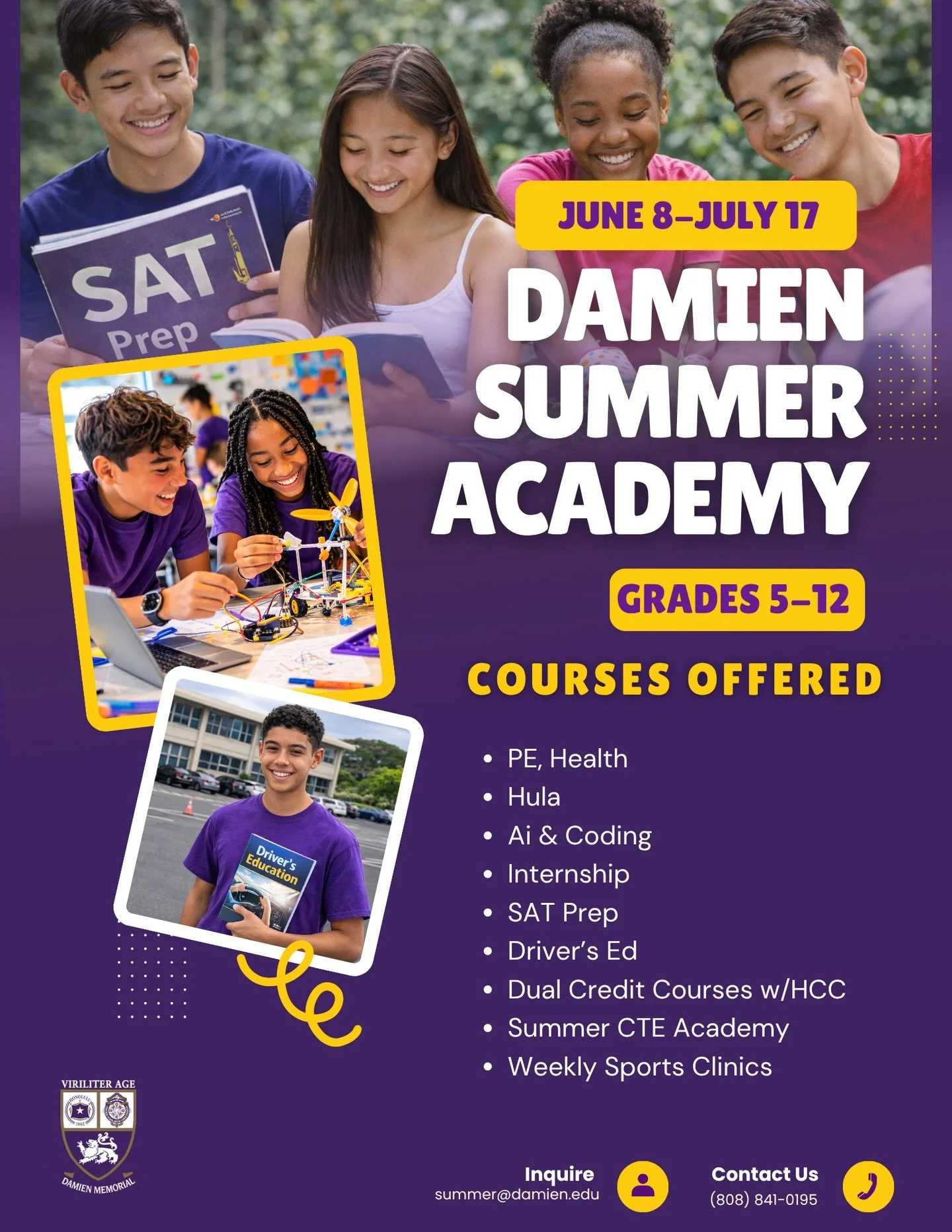 Get ready, Monarchs! ☀️

Damien Memorial School&rsquo;s Summer Academy is back and open to students in grades 5&ndash;12 &mdash; including current students, students from other schools, and homeschool learners.

Whether you&rsquo;re looking to get ah