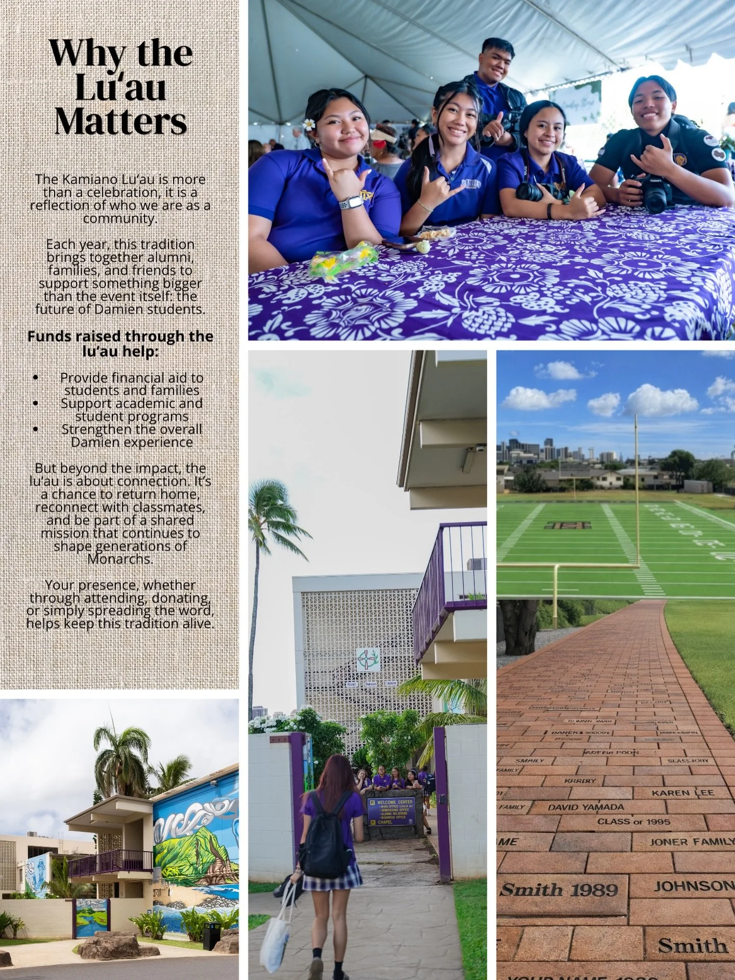 Be part of something meaningful 💜💛

The Kamiano Luʻau brings our community together to support student scholarships, programs, and campus improvements&mdash;making a real impact on our students.

Own a business or know someone who does?
👉 Host a t