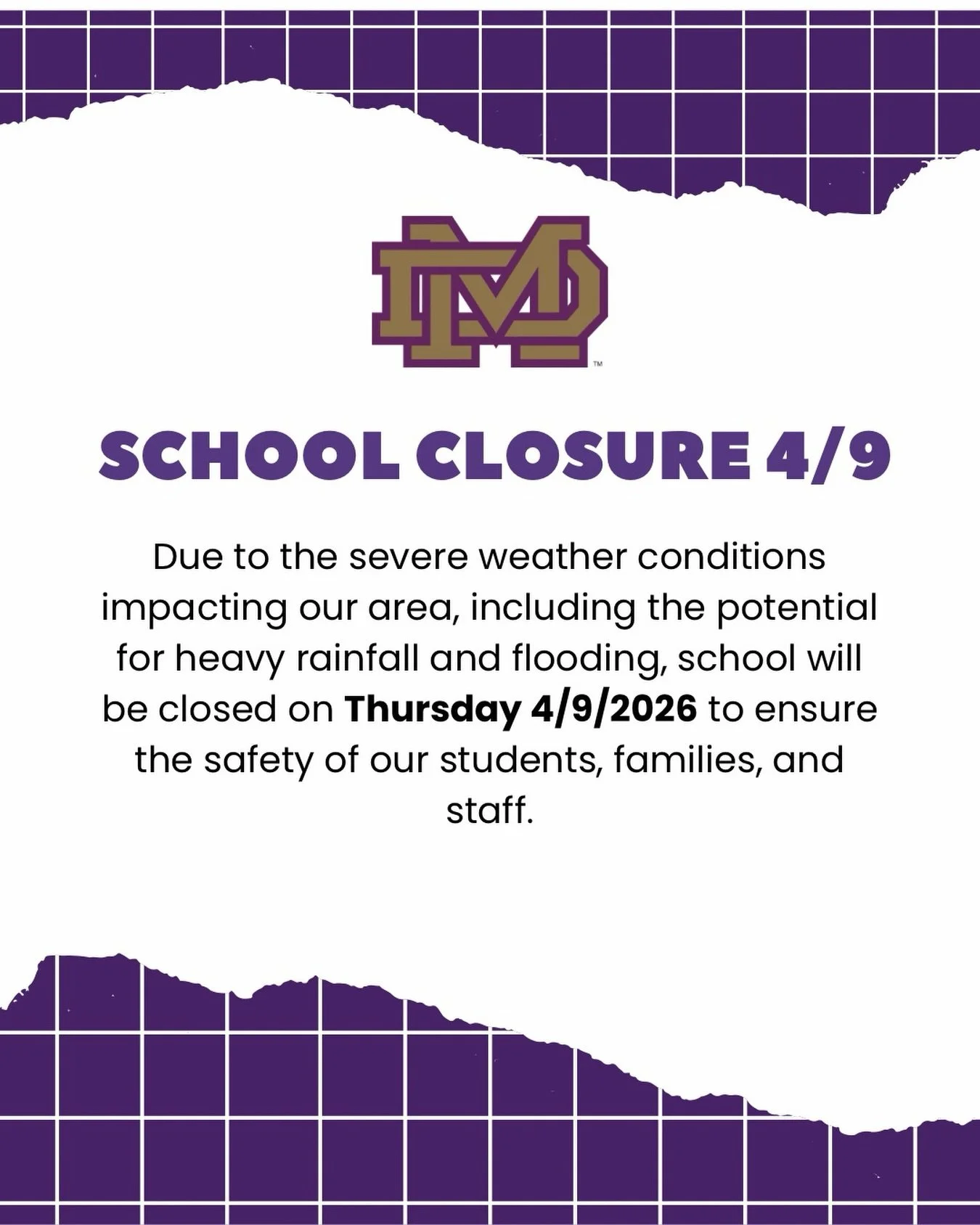 Damien Memorial School will be closed tomorrow, Thursday, April 9, due to severe weather conditions and the potential for heavy rainfall and flooding.

The safety of our students, families, and staff is our top priority. Please stay safe, take precau