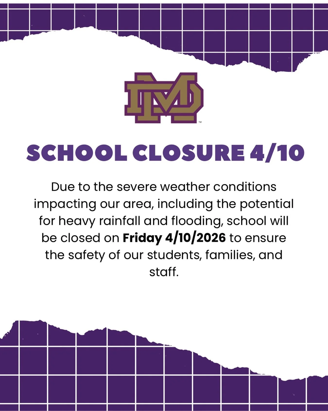 School Closure Notice 🚨

Due to severe weather and potential flooding, Damien Memorial School will be closed tomorrow, Friday, April 10.

All school activities and practices are canceled.

📧 Please check your email and stay updated through our weat