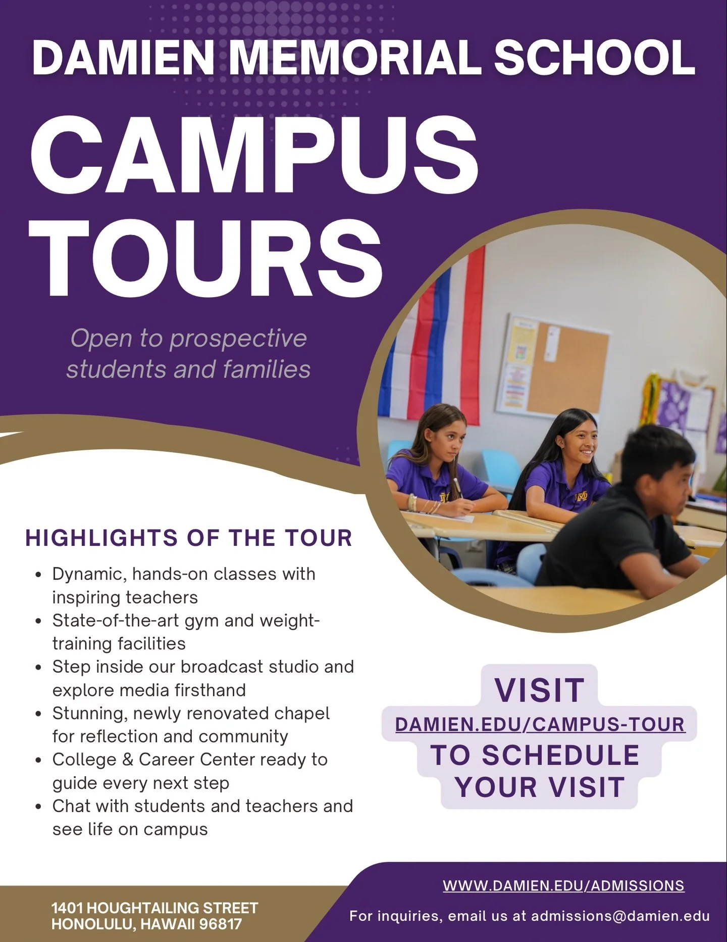 Come see Damien for yourself!

Schedule a campus tour and experience our classrooms, programs, and community in action.

📧 Email admissions@damien.edu to book your visit today.

#damienmemorialschool #campustour #hawaiischools #hawaiicatholicschools