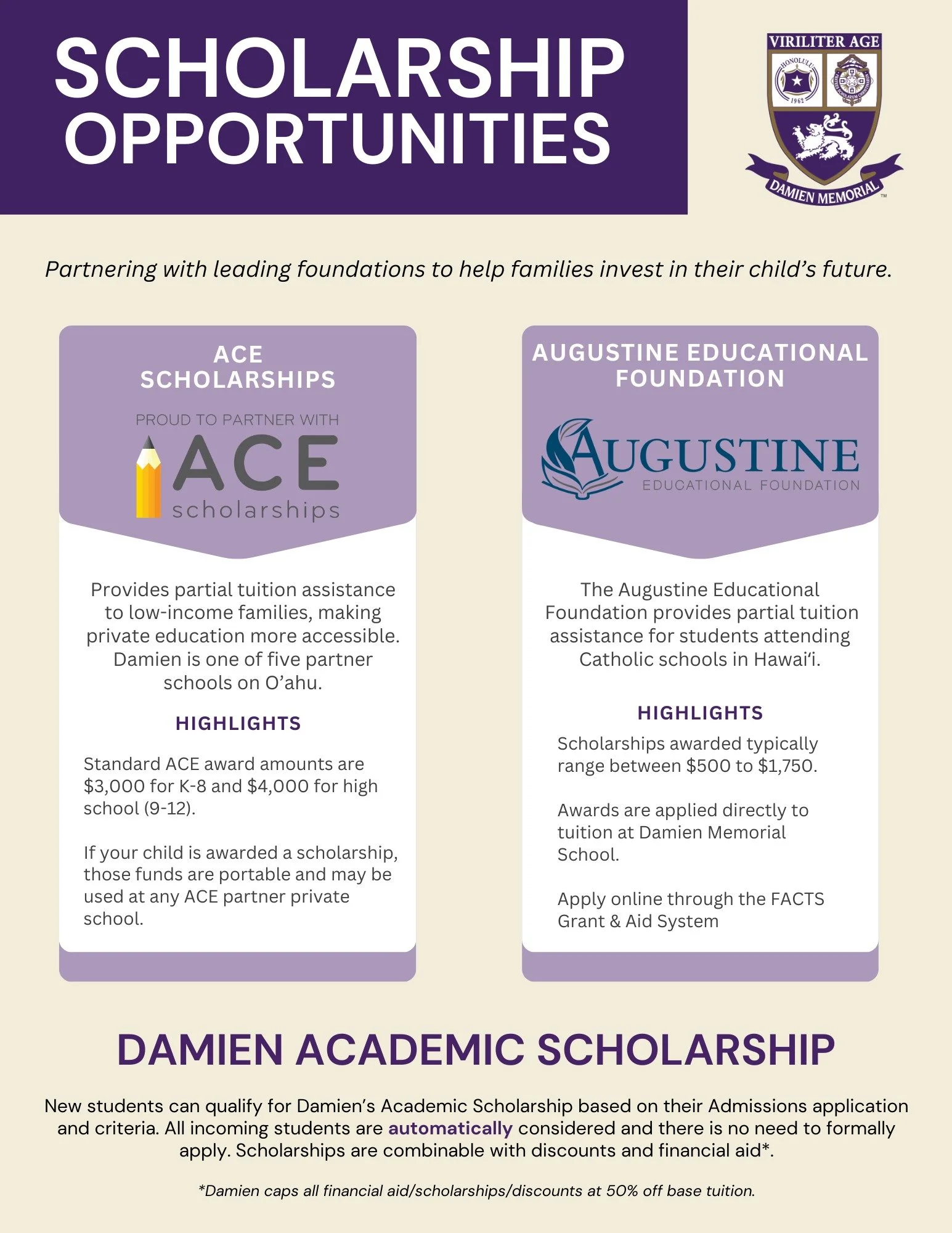Quality education is the greatest gift a parent can provide. At Damien, we are committed to making that investment manageable through our robust Scholarship and Financial Aid programs.

Whether you are a prospective family or a current Monarch &lsquo