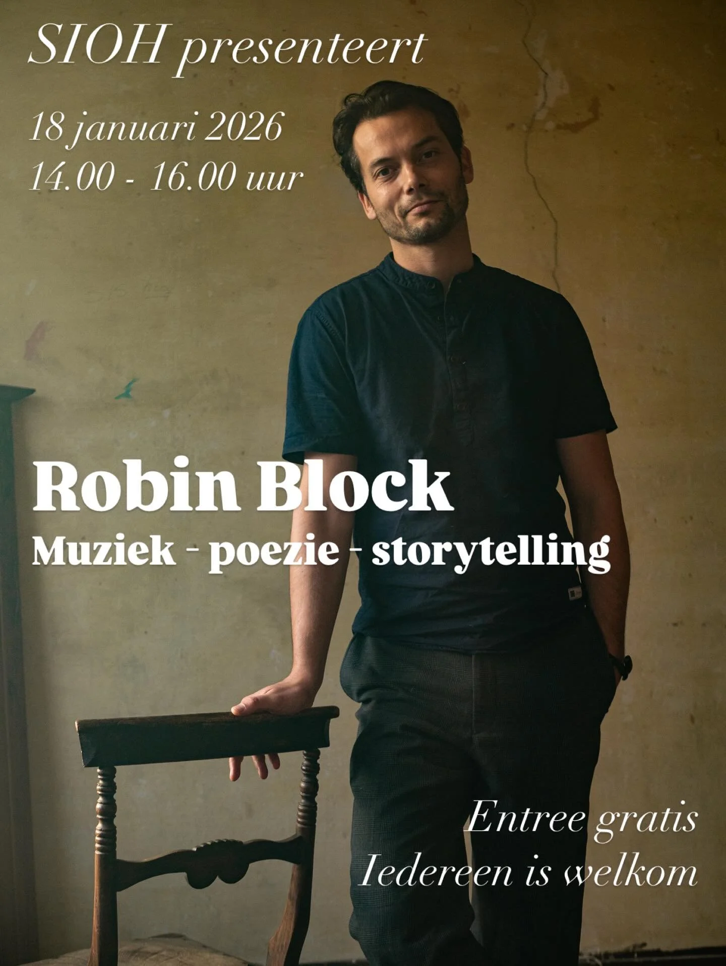 Wij nodigen u uit voor een bijzondere bijeenkomst met Robin Block. Robin is een dichter en muzikant en deelt zijn verhaal in po&euml;zie, muziek en storytelling. Hij legt daarbij de verbinding tussen verschillende generaties en vertelt over zijn reis