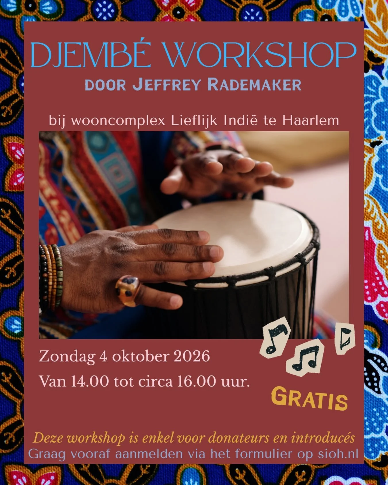 🎶 Ontdek de kracht van ritme en beleef een inspirerende djemb&eacute;workshop met Jeffrey Rademaker! 

🪘Tijdens deze workshop maak je op een laagdrempelige en gezellige manier kennis met de rijke klanken en ritmes van de djemb&eacute;. Iedereen is 