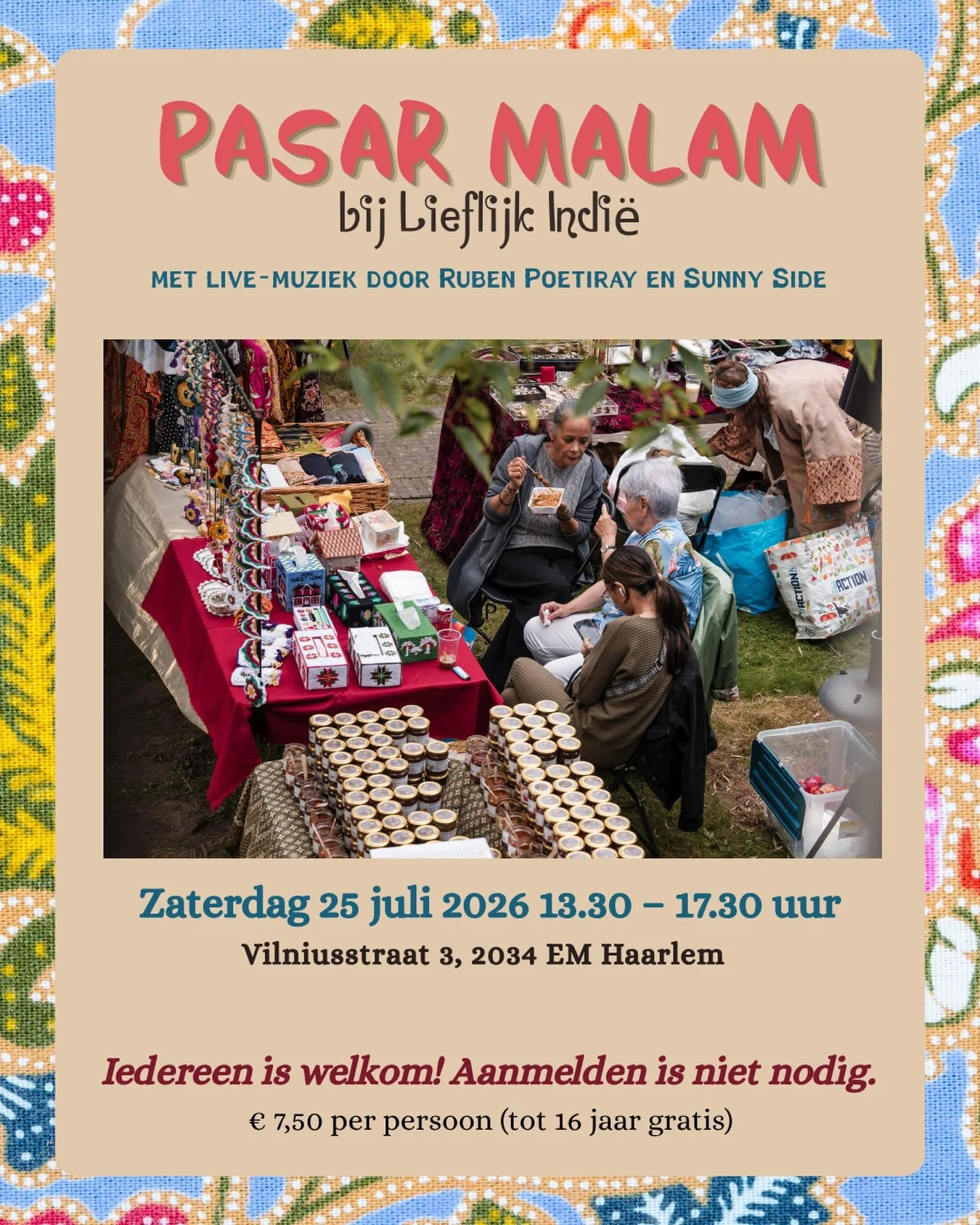 🛍️ Pasar Malam bij Lieflijk Indi&euml;!!!
‼️ Iedereen welkom, dus aanmelden is niet nodig!

🎸 Met live muziek door Ruben Poetiray en Sunny Side

De SIOH Pasar 2026 vindt dit jaar plaats op zaterdag 25 juli en wooncomplex Lieflijk Indi&euml; wordt d
