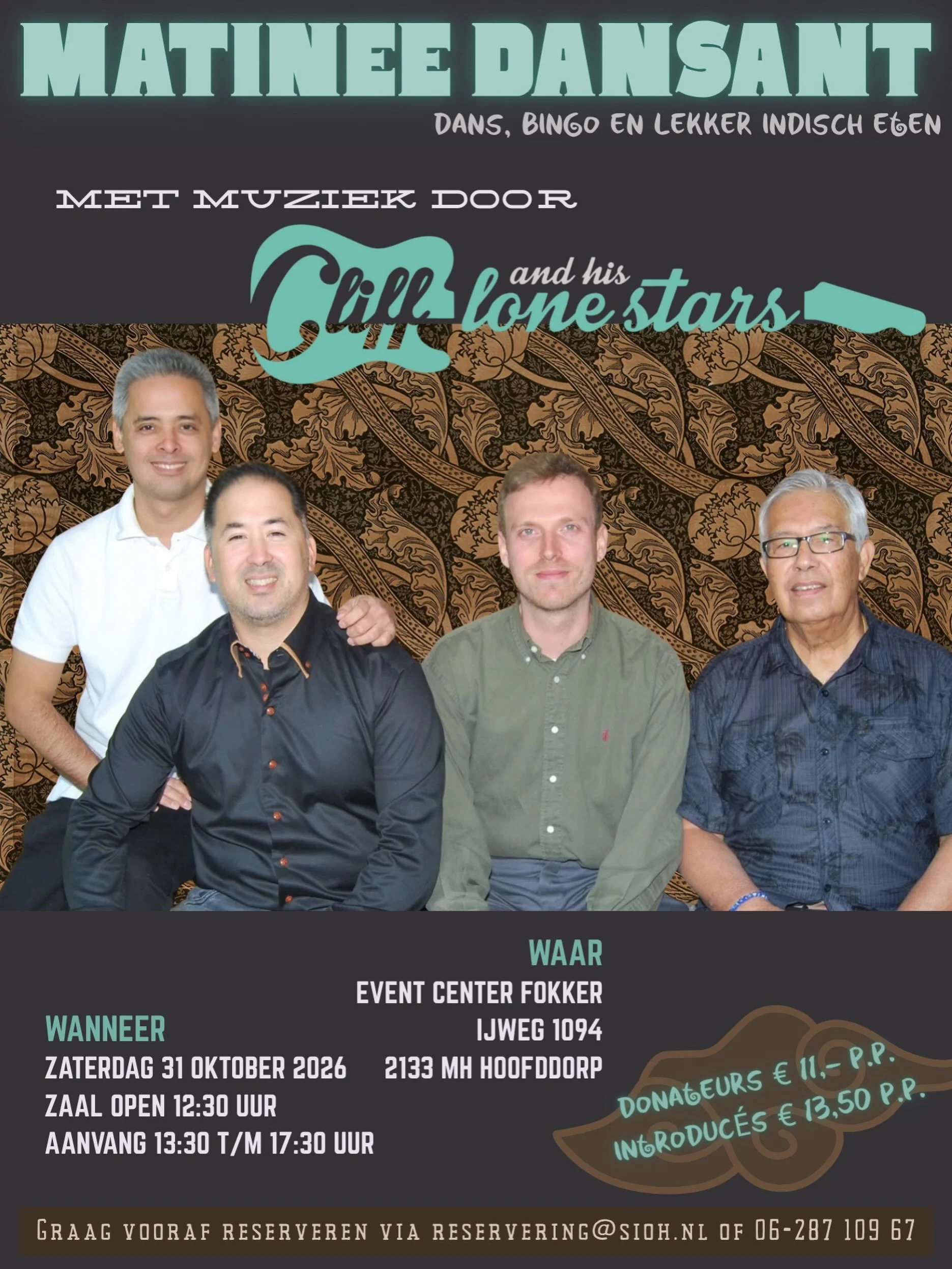 Gezellige Indische matinee dansant met muziek van Cliff and his Lonestars!🎸 Alle SIOH donateurs en introduc&eacute;s zijn van harte welkom en zoals gebruikelijk met dans, bingo en lekker Indisch eten.🥘 

🗓️ Zaterdag 31 oktober 2026
🕰️ 13:30 t/m 1