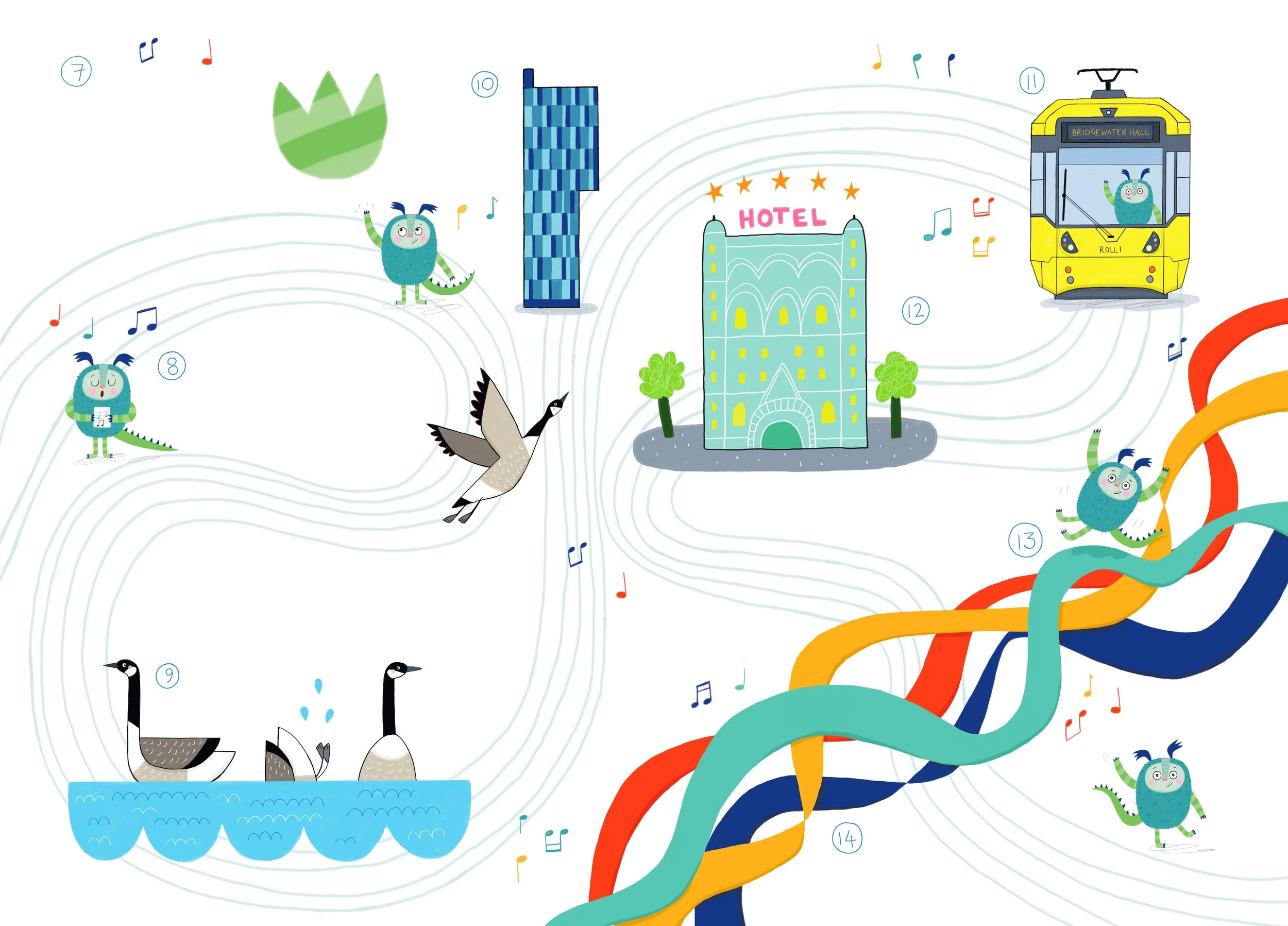 A vibrant, illustrated map for The Bridgewater Hall, designed as a treasure trail activity for children, by artist Melanie Williamson