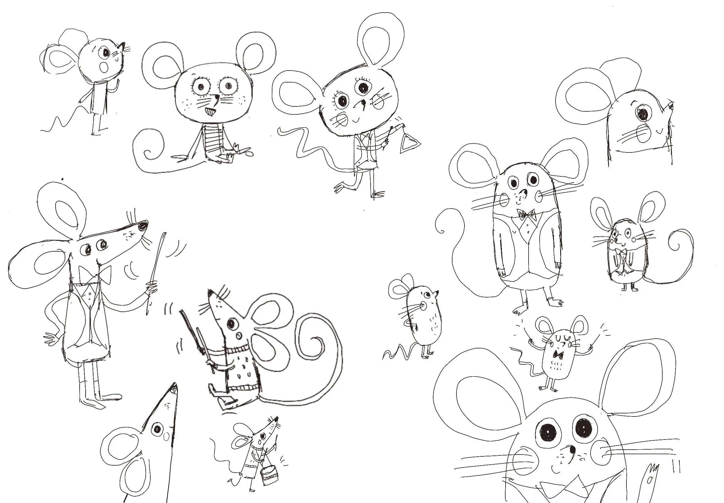 Preliminary sketches of a small, cute mouse character intended for a musical activity booklet fo the Bridgewater Hall, by illustrator Melanie Williamson