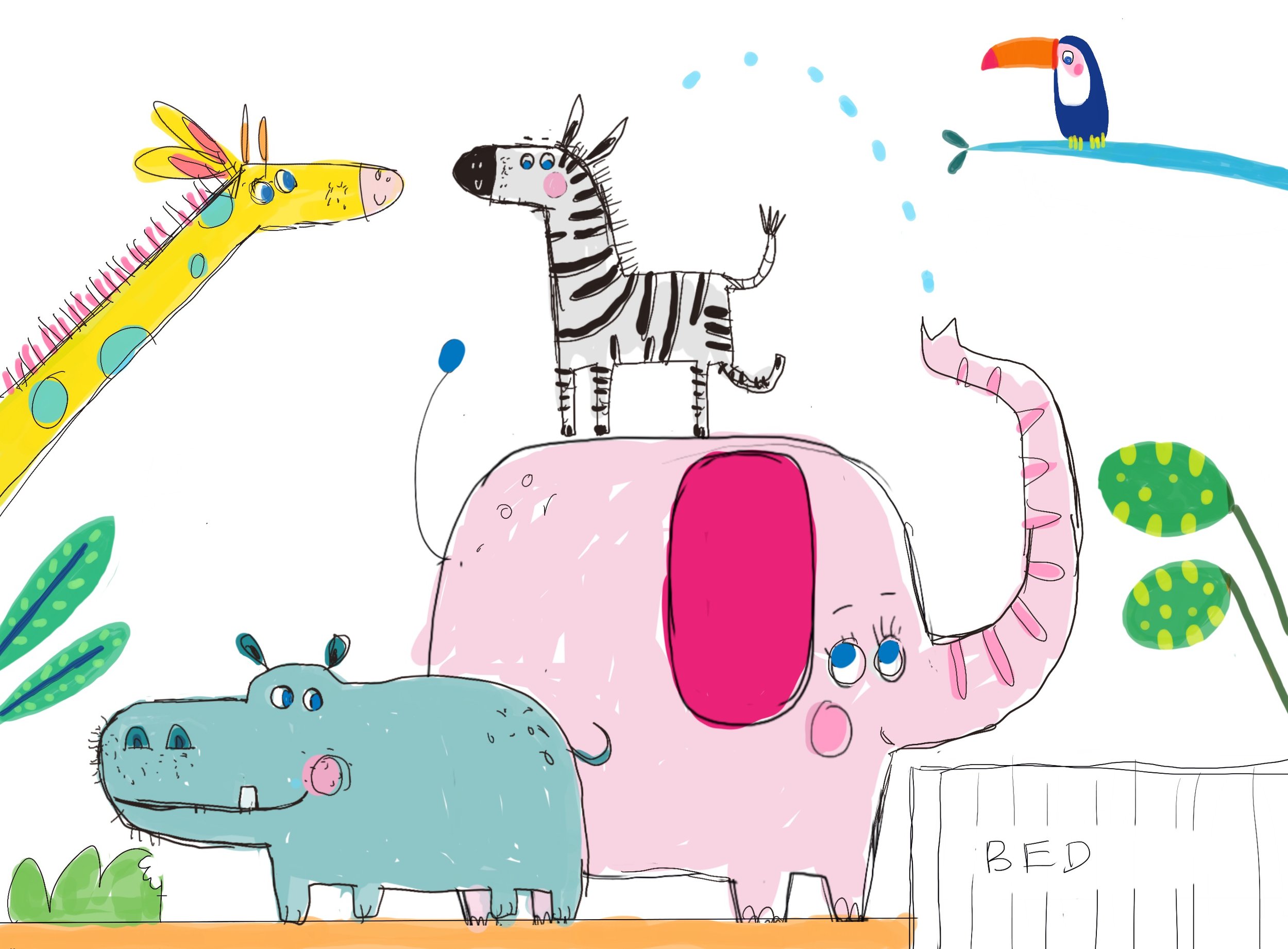 A colour sketch of some vibrant, jolly safari animals for a residential mural in Manchester, by Melanie Williamson