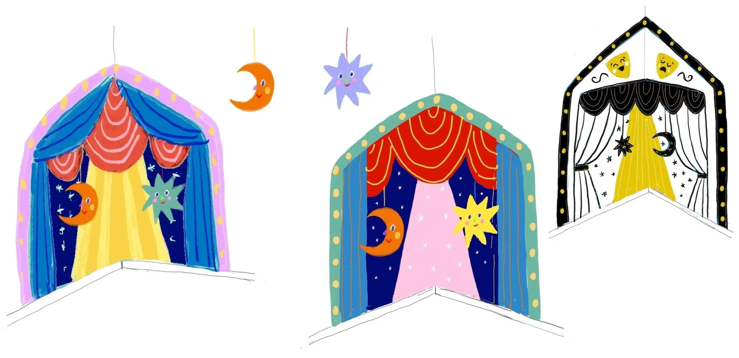 Colour sketches for theatrical stage mural featuring celestial moon and star motifs, by illustrator Melanie Williamson