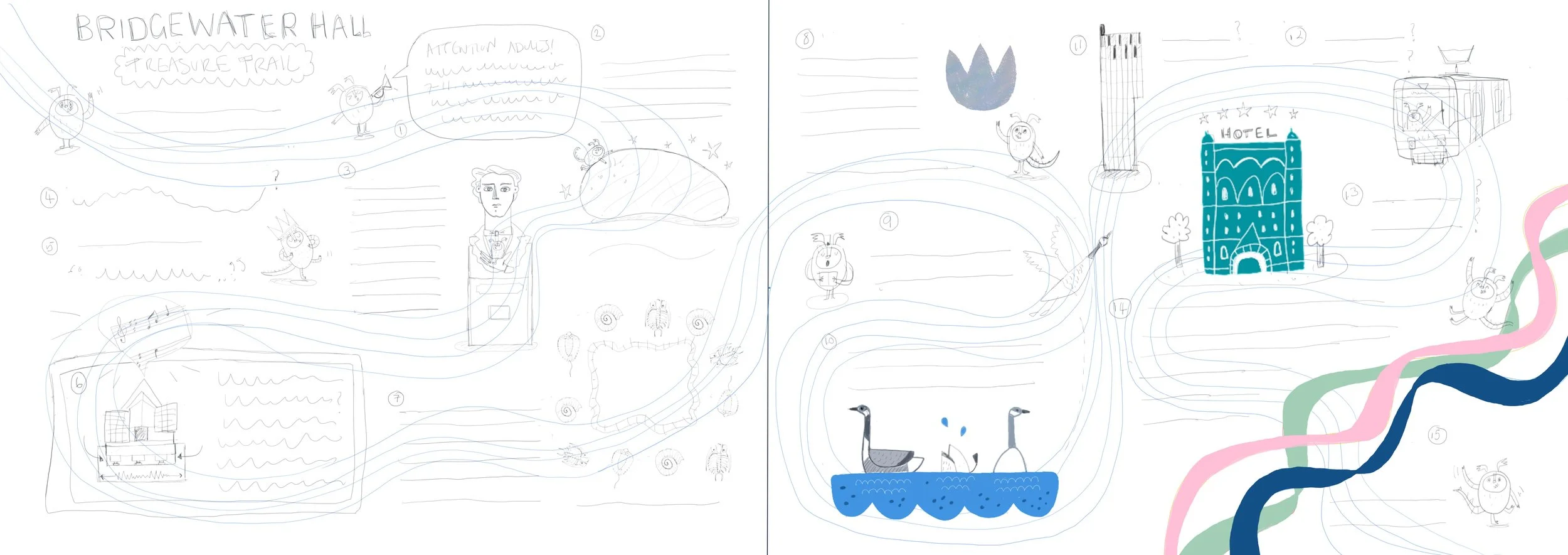 Pencil  sketch showing the layout design for a children's activity booklet for The Bridgewater Hall, by artist Melanie Williamson