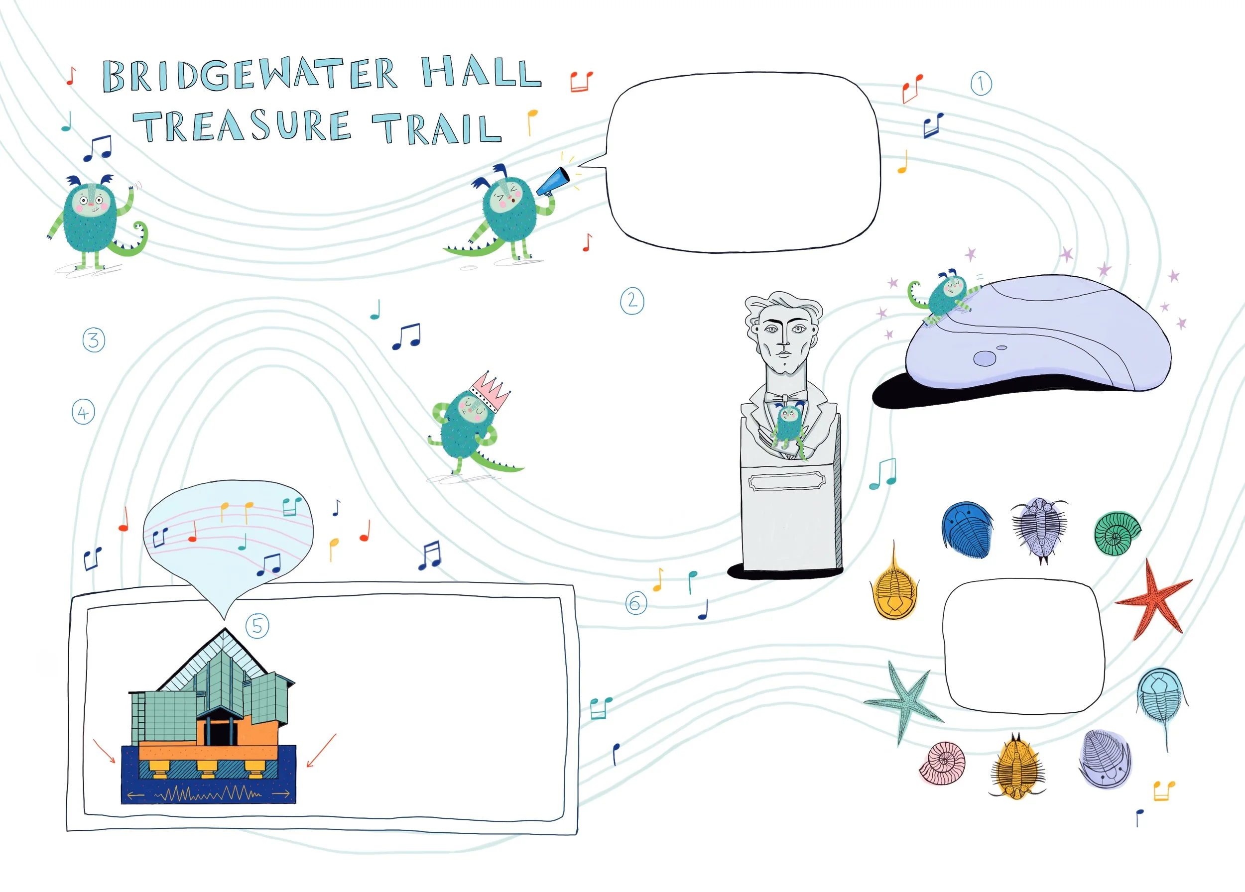 A vibrant, illustrated map for The Bridgewater Hall, designed as a treasure trail activity for children, by artist Melanie Williamson
