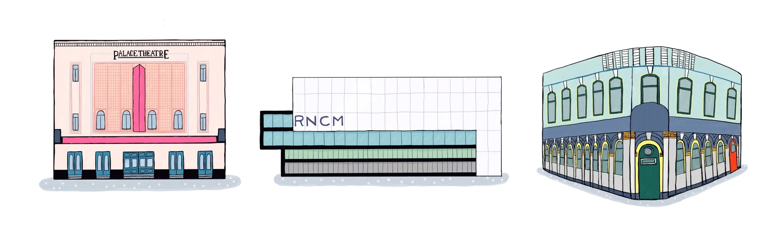 Illustrations of three Manchester music venues, by illustrator Melanie Williamson