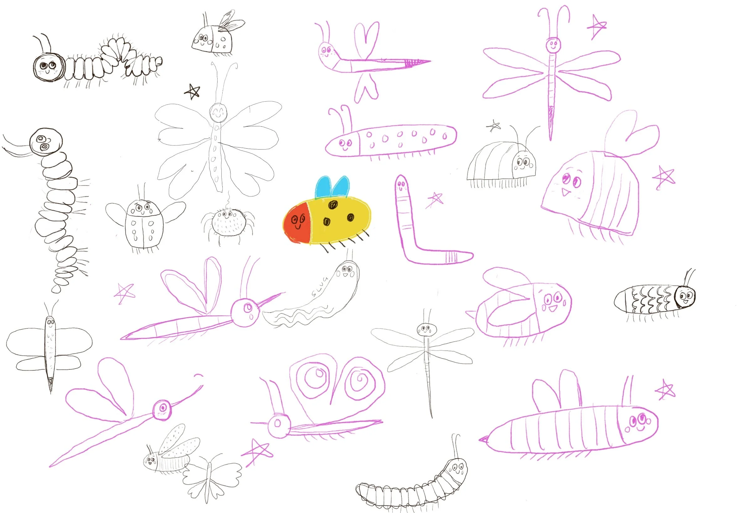 Initial rough sketches of friendly bug characters for Francis House Hospice bedroom walls, by artist Melanie Williamson