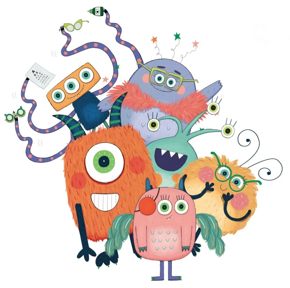 A group of smiling, colourful, cute, unique monsters illustrated by Melanie Williamson for Specsavers Optomonster campaign uk.