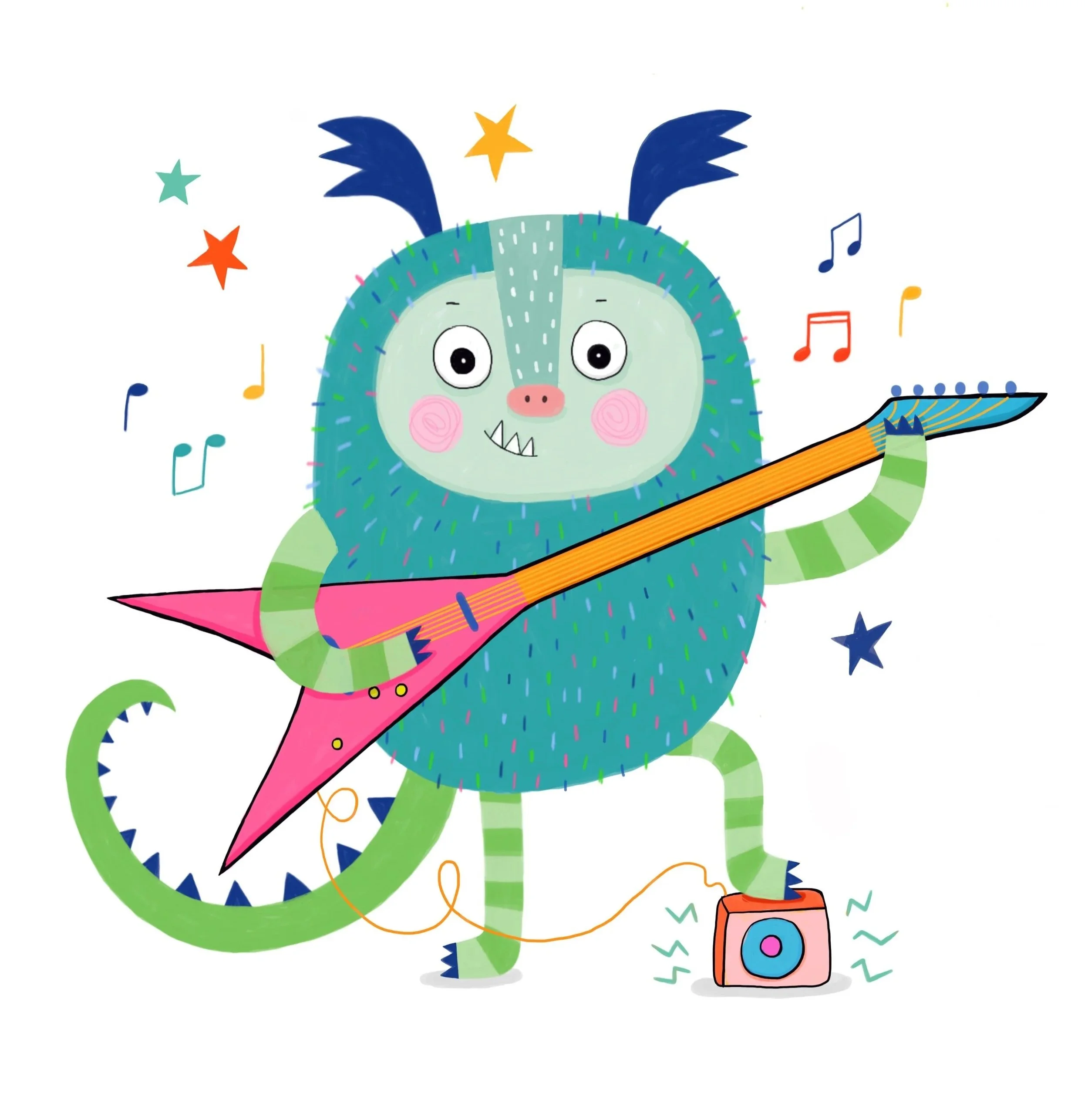 Illustration of a cute monster playing an electric guitar for the Bridgewater Hall Manchester, by Melanie Williamson