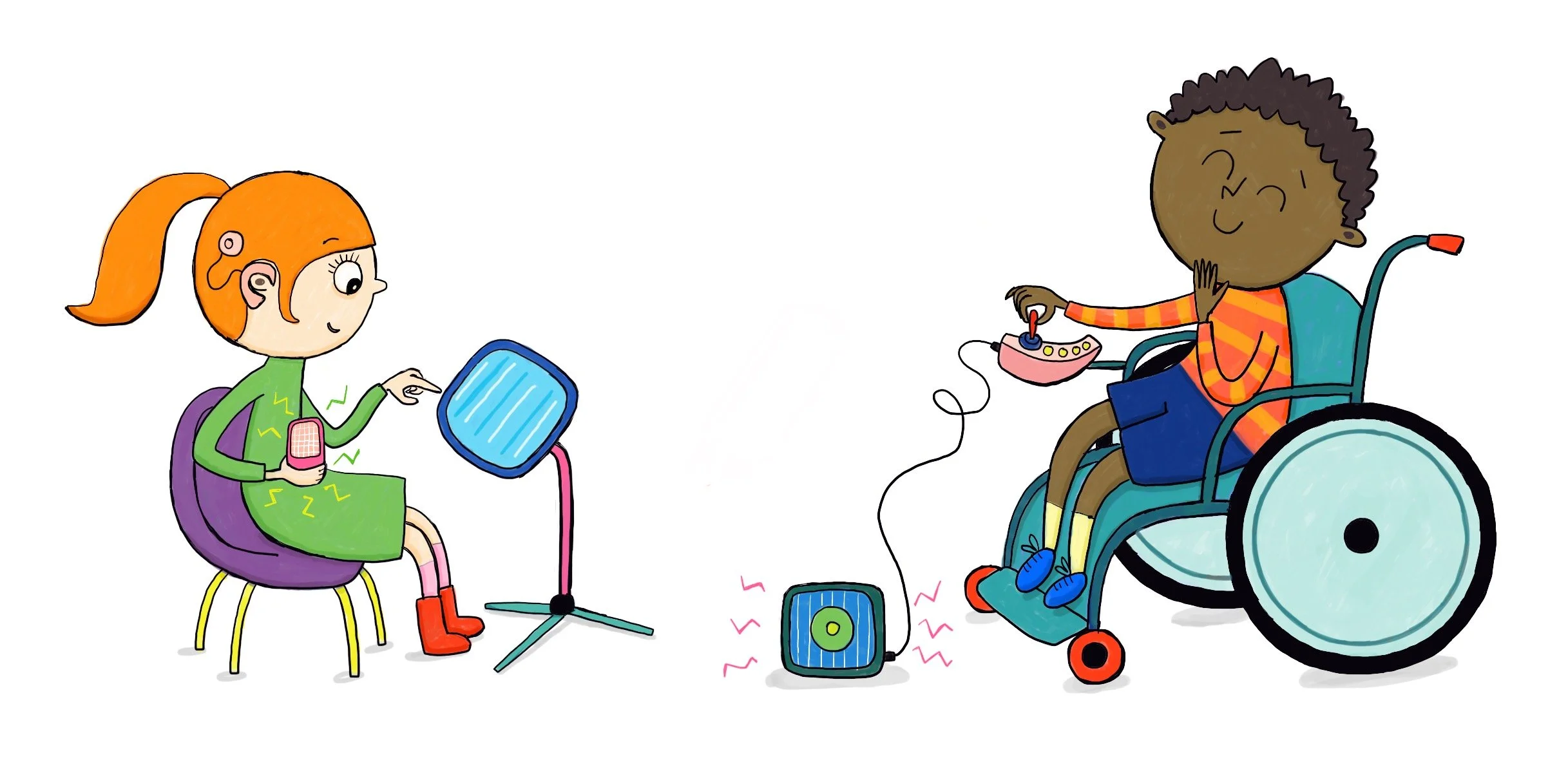 Two inclusive illustrations of children playing specialized SEND aid musical instruments., by Melanie Williamson