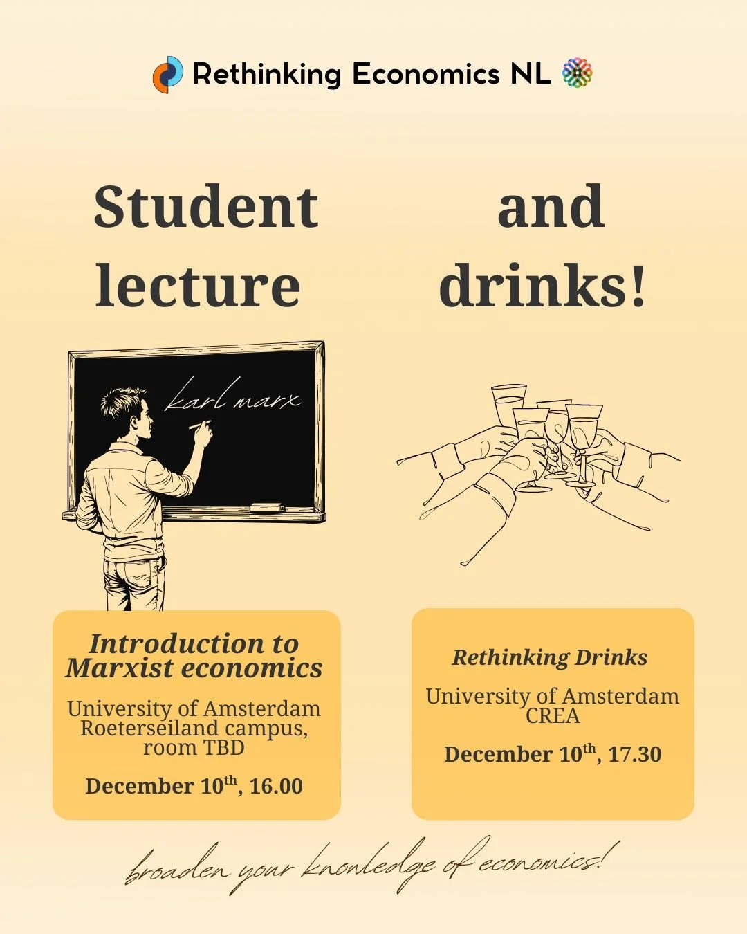 Would you like to broaden your knowledge of Economics? Join us on December 10th at 16:00 for a student lecture! Location: Roeterseiland Campus! 🌟

👨&zwj;🏫 This student lecture introduces Marx's economic theory and his analysis on how the economy f