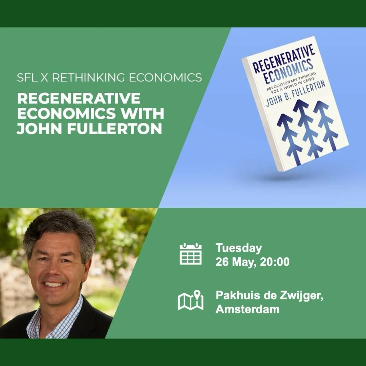 RE and Sustainable Finance Lab (SFL) are coming together on the 26th of May.

The event will be a discussion on redesigning capitalism to work like a living system. Economist John Fullerton will talk about his impactful book, Regenerative Economics. 