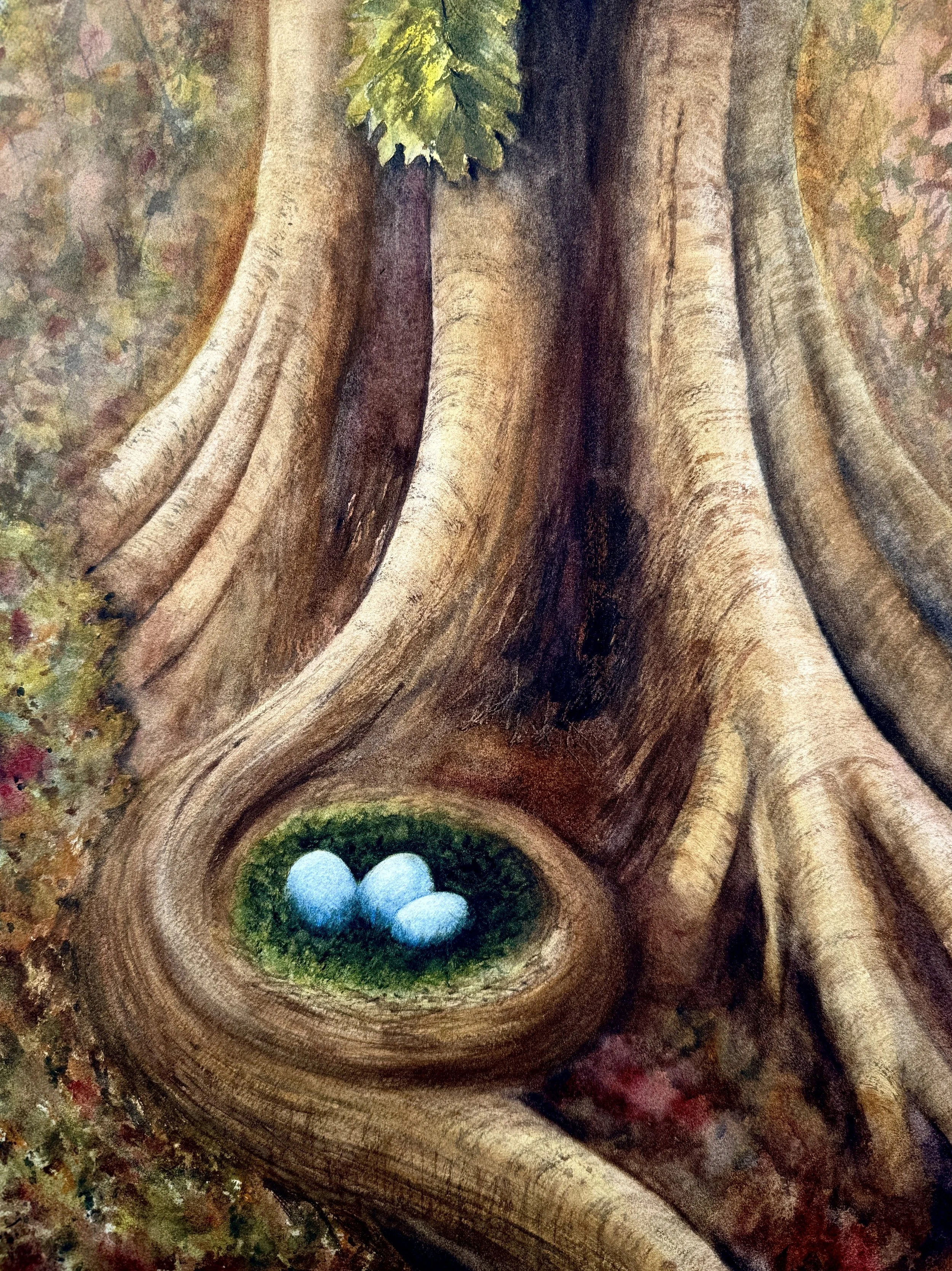 A painting of a large tree trunk with textured bark, a small bird's nest with three blue eggs at the base of the tree, and green foliage surrounding the nest.
