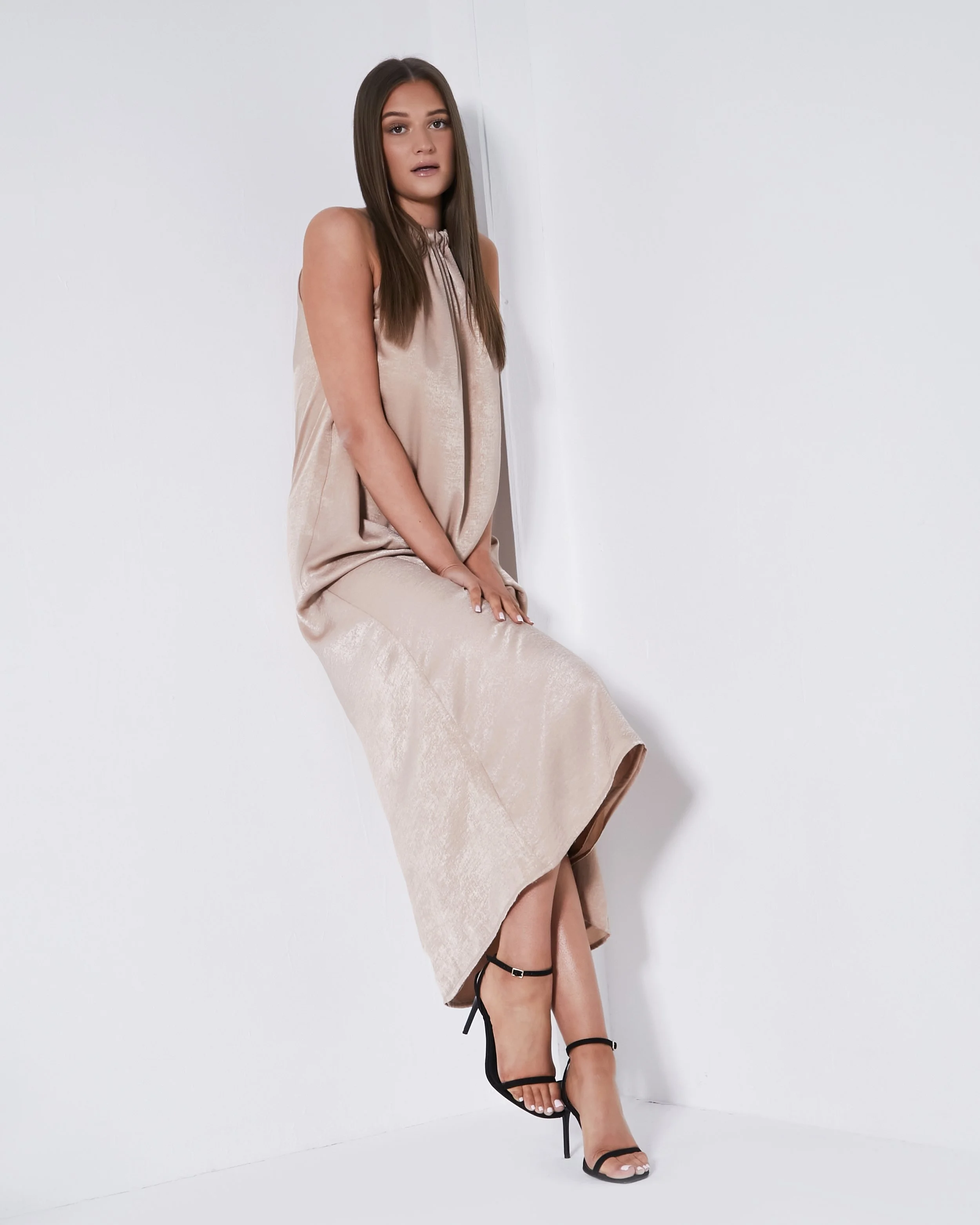 Isla Satin Sleeveless Maxi Dress in Nude