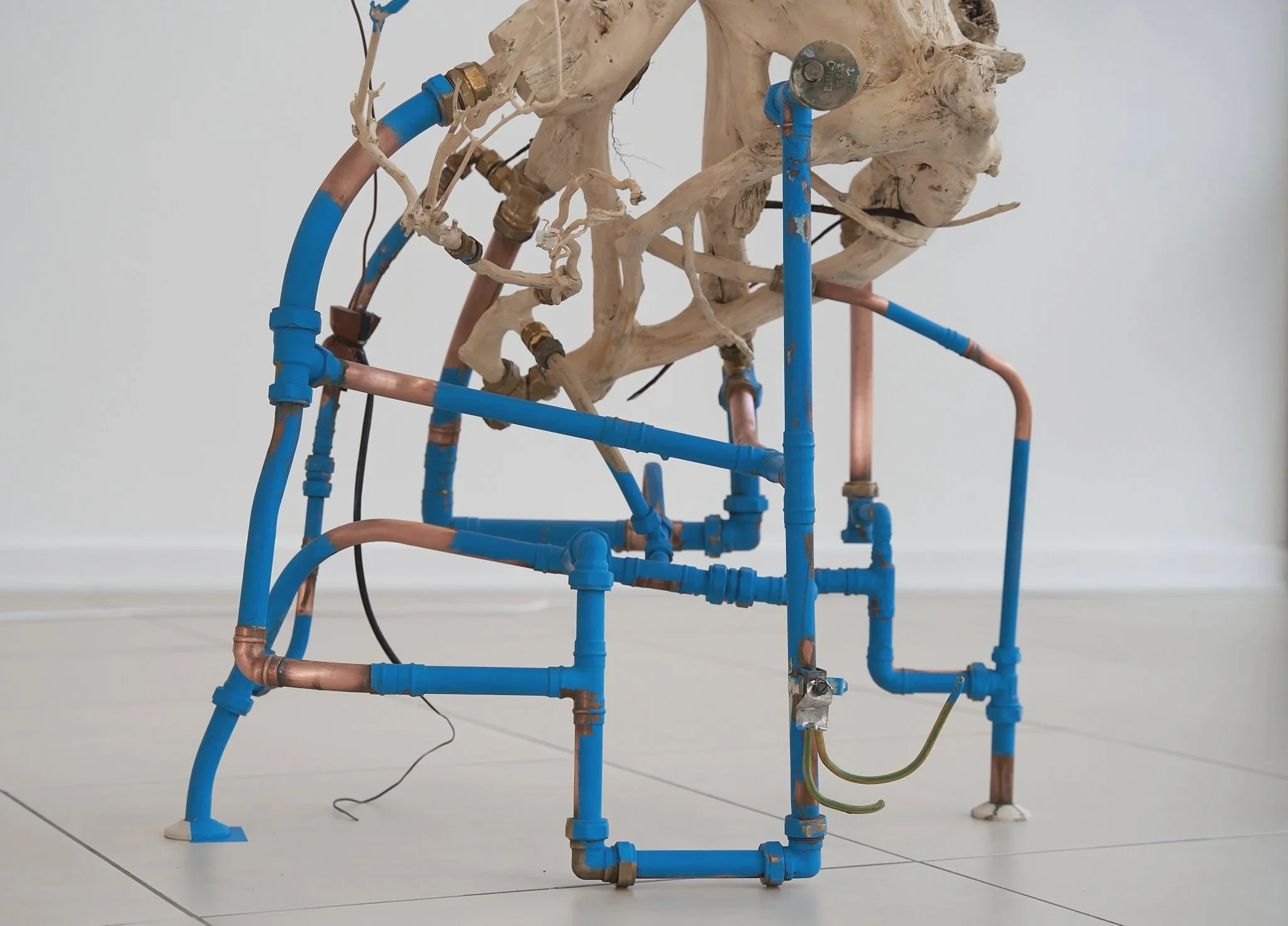 Moduscopic detail 2021, electrical and plumbing components, wood, paint, sound loop of plant room in building, 400 x 750 x 95 