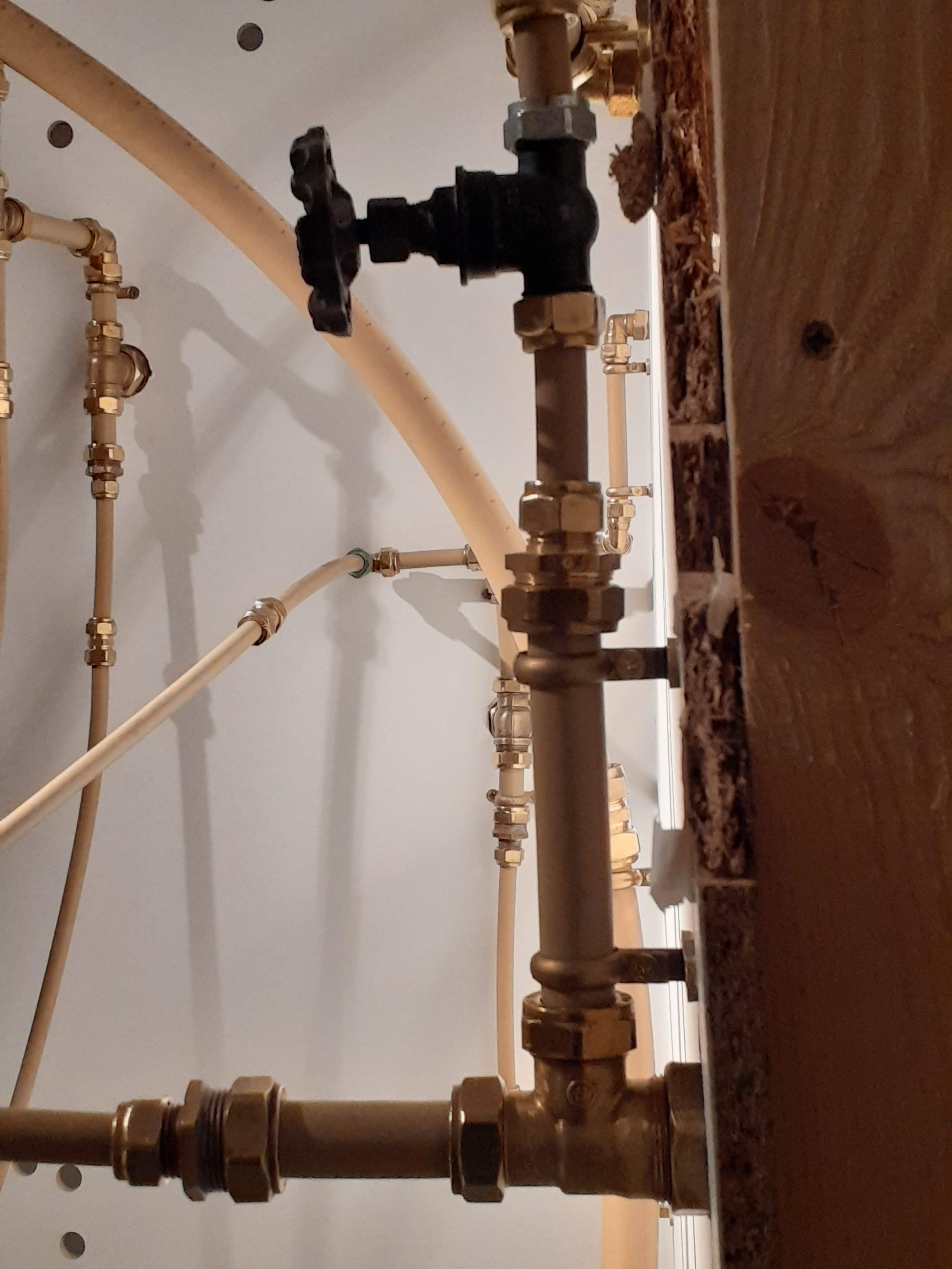 .Containment - Chthonic ll detail, 2020,  wood, bathroom furniture, electrical components, plumbing pipes and connectors, filler, phone video, plant parts, crustacean, dimensions variable
