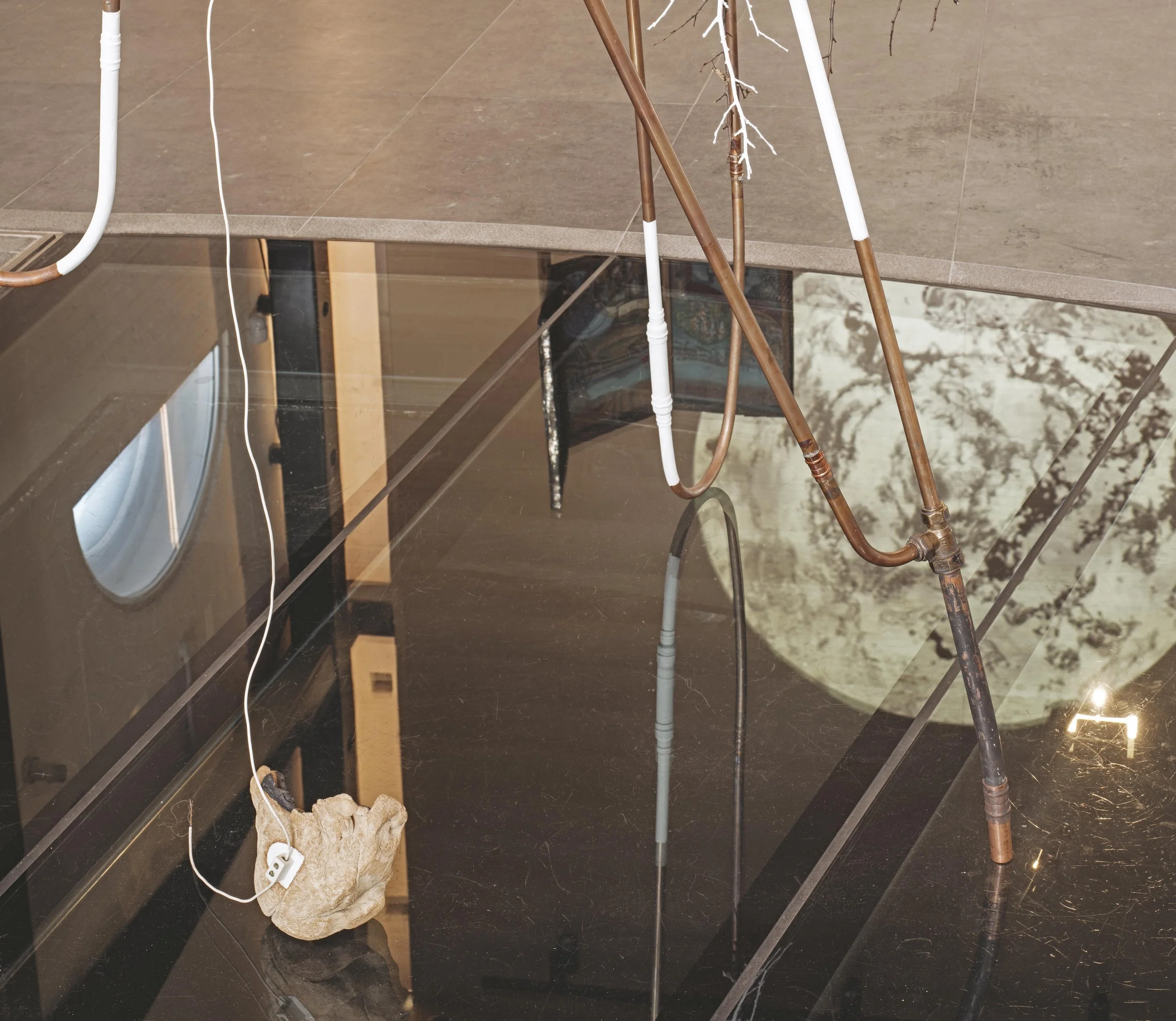 EathLab: buffer detail 2026, tree branch, electrical components, plumbing, ceramic module, 300 x 245 x 180, Substrata exhibition