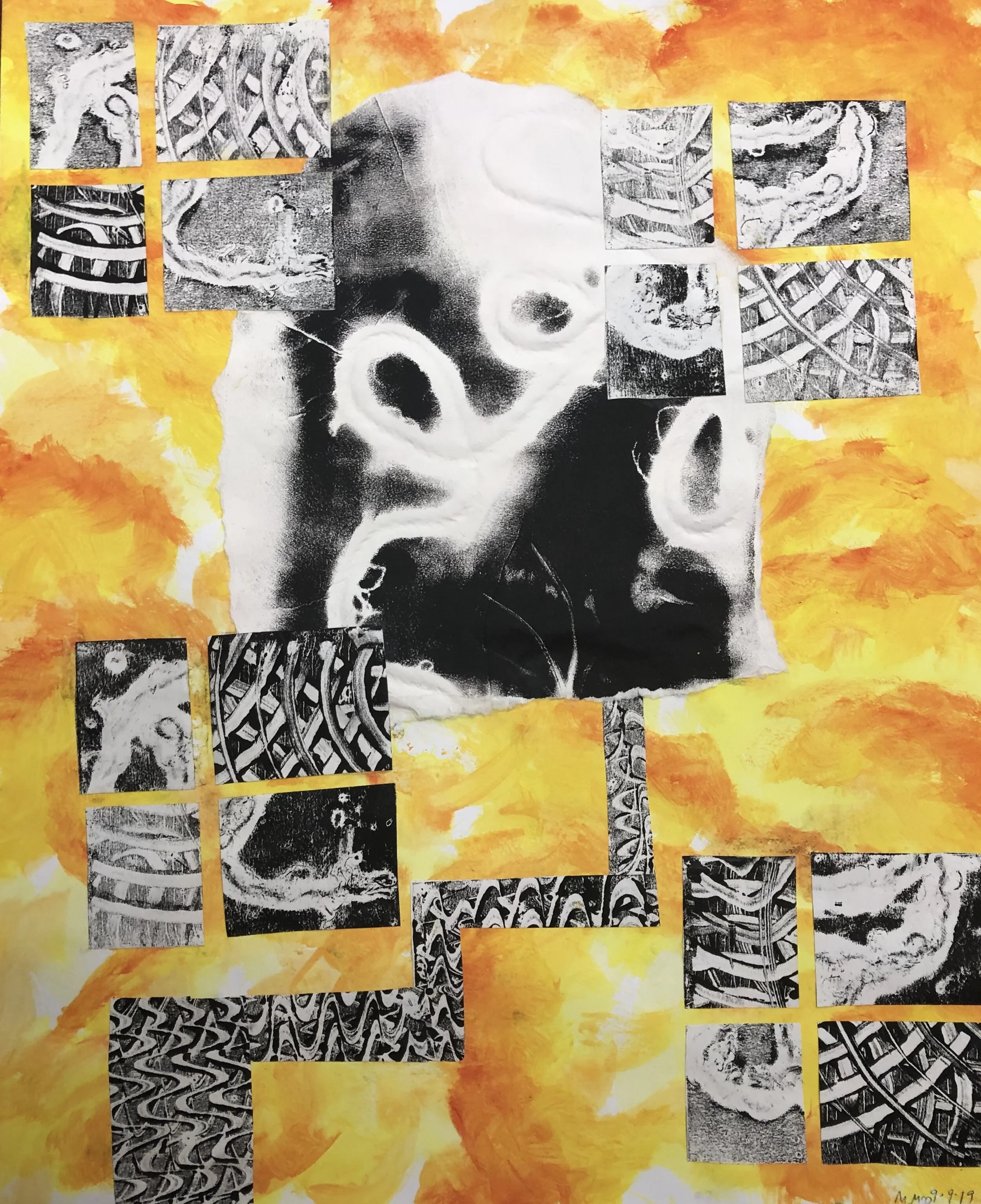 McDougall, Maddie. Monotype Collage. 2019. Monotype prints on gouche painting.