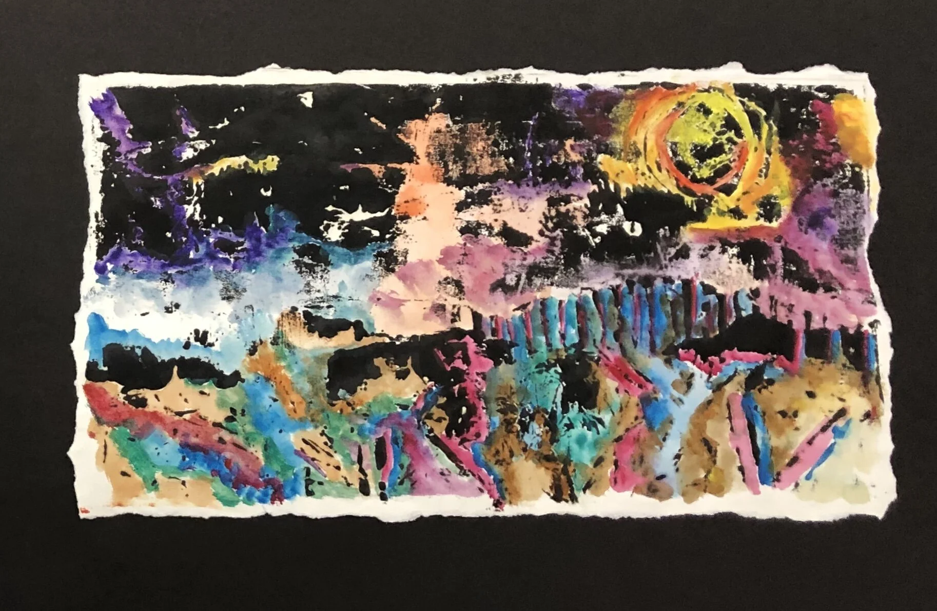 McDougall, Maddie. Neon Landscape. 2019. Collagraph print with gouache.
