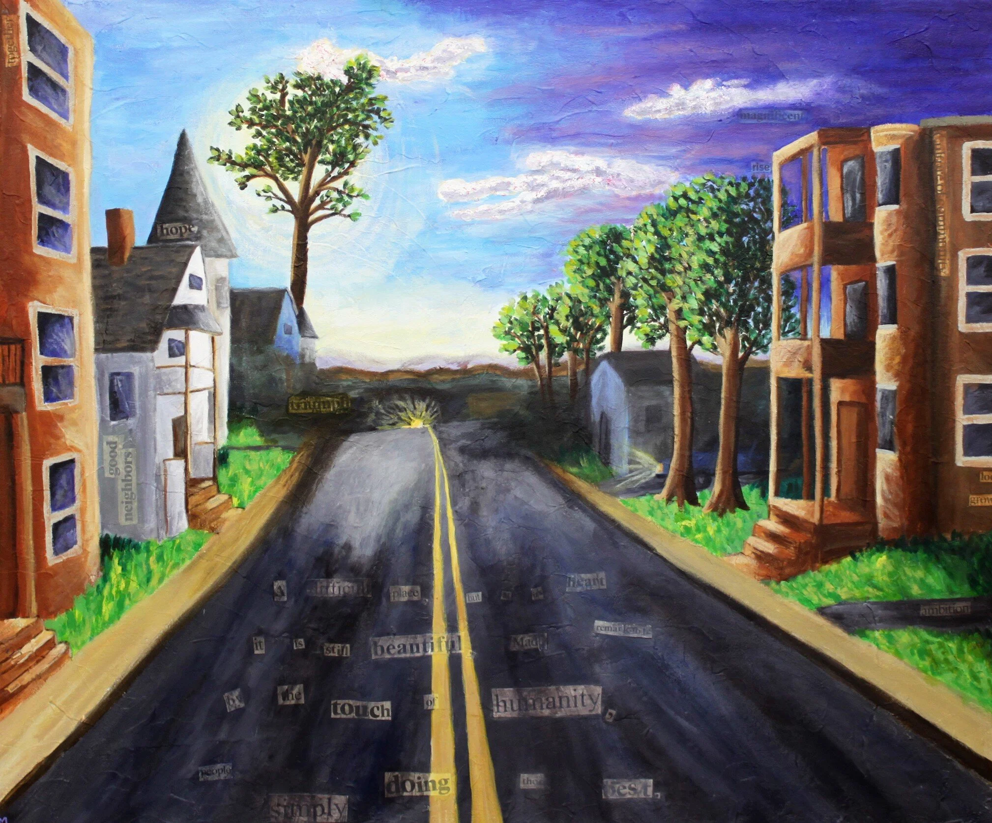 McDougall, Maddie. Top of Worthington. 2018.  Acrylic and newspaper on canvas.