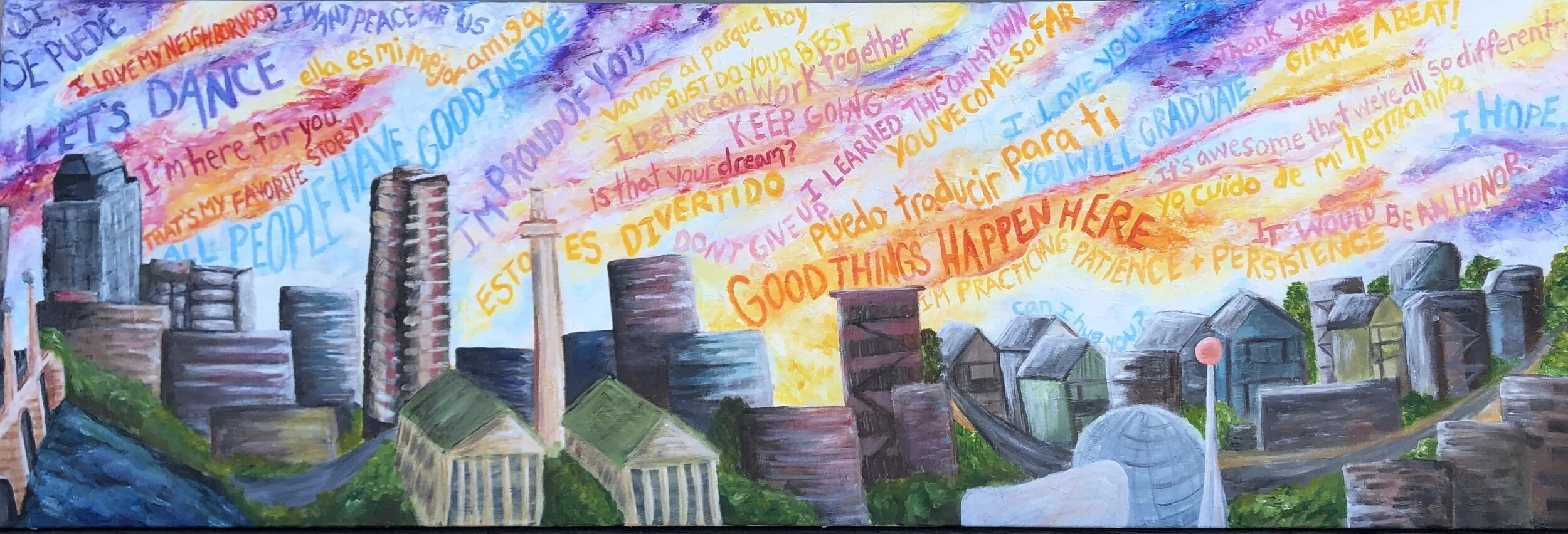 McDougall, Maddie. Good Things Happen Here. 2020. Acrylic on Canvas. 24”x72”