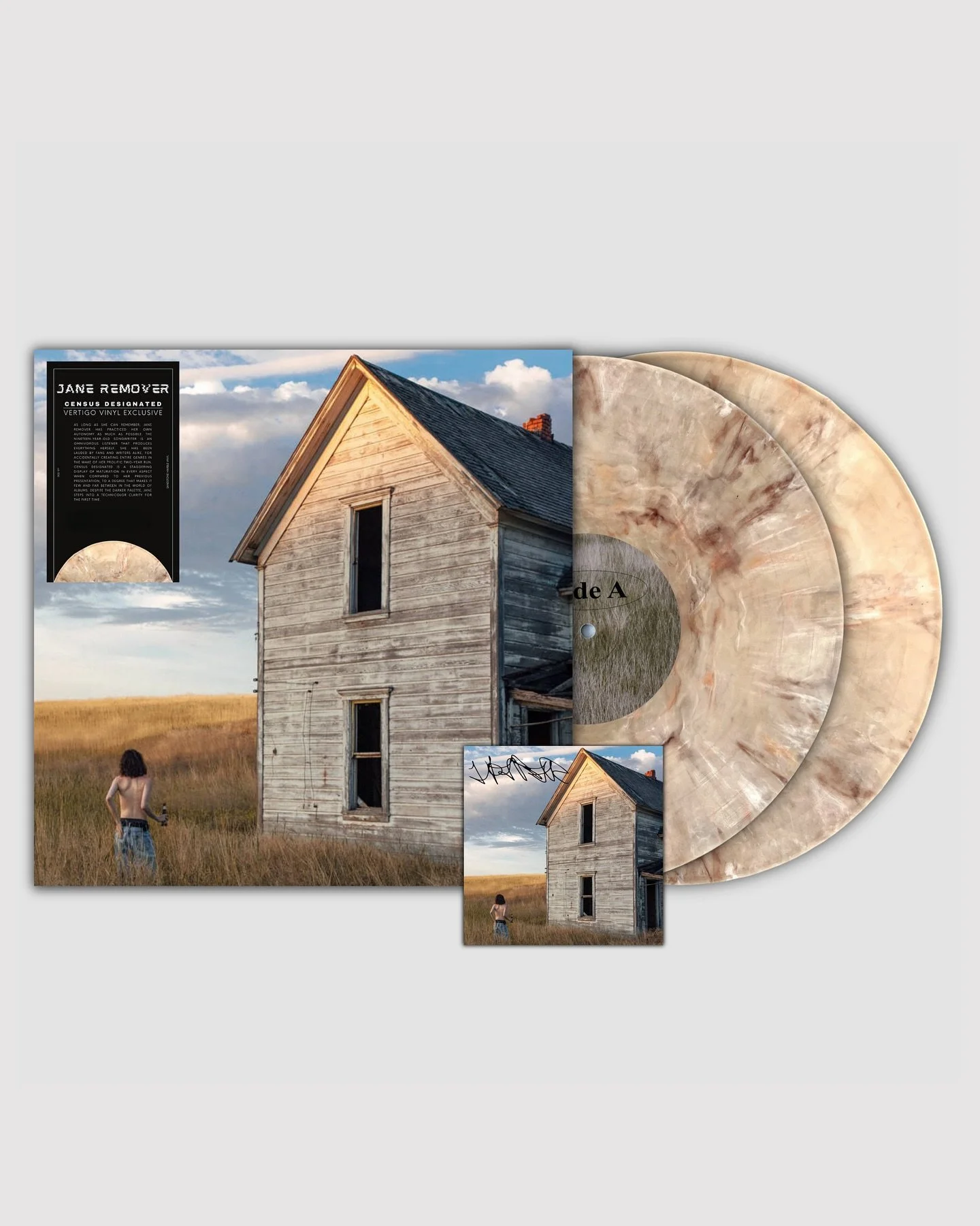 @vertigo.vinyl x @jane_remover 

Census Designated by Jane Remover. Pressed on &ldquo;Sandstone Marble&rdquo; vinyl, this VV exclusive pressing includes a hand-numbered gatefold jacket, along with a very limited amount of signed art cards available t