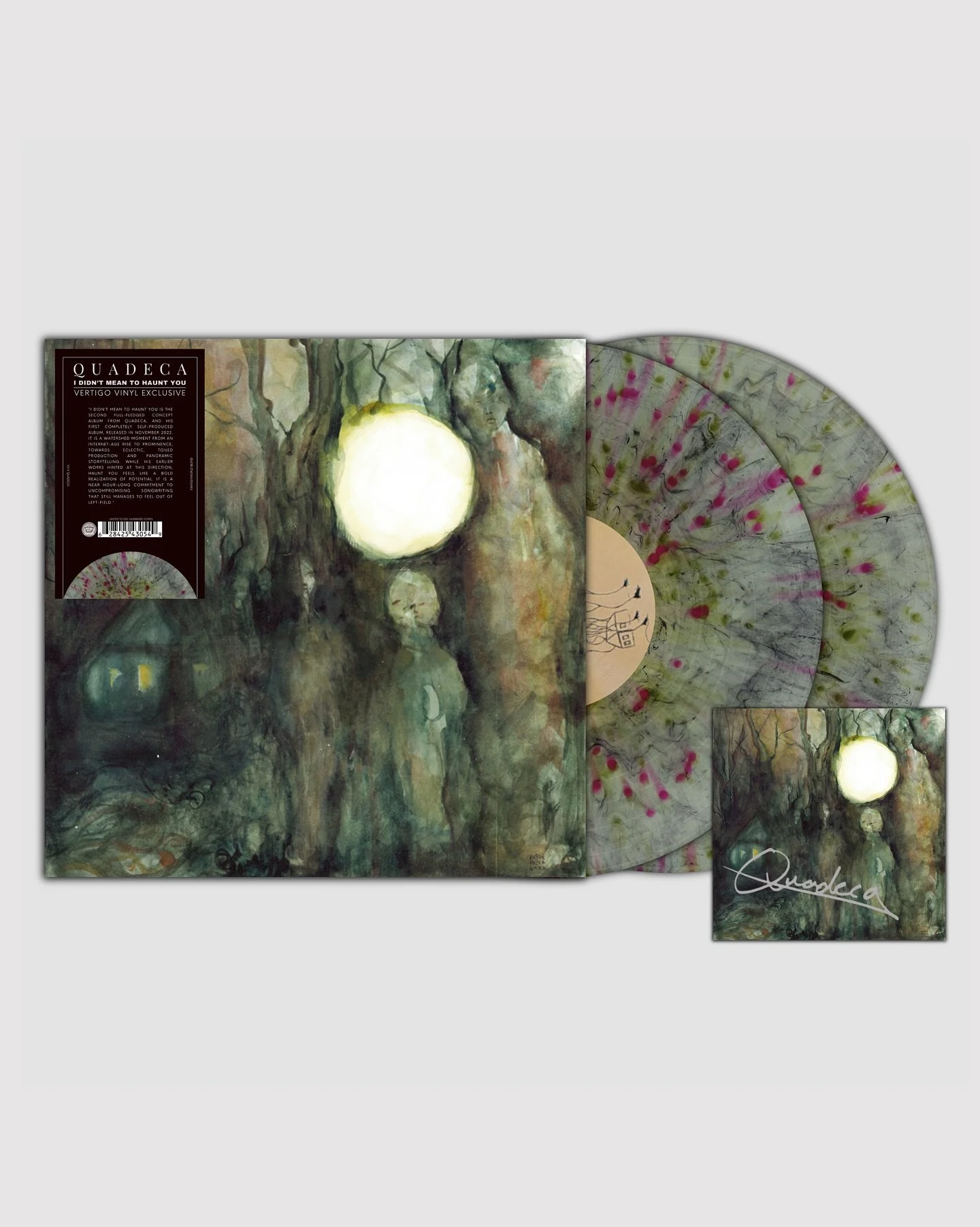 @vertigo.vinyl x @quadeca 

&ldquo;I Didn&rsquo;t Mean To Haunt You&rdquo; by Quadeca, pressed on &ldquo;Fantasyland Blend&rdquo; Smokey Vinyl with double splatter. This pressing is limited to 500 hand numbered copies, with 100 units featuring an aut