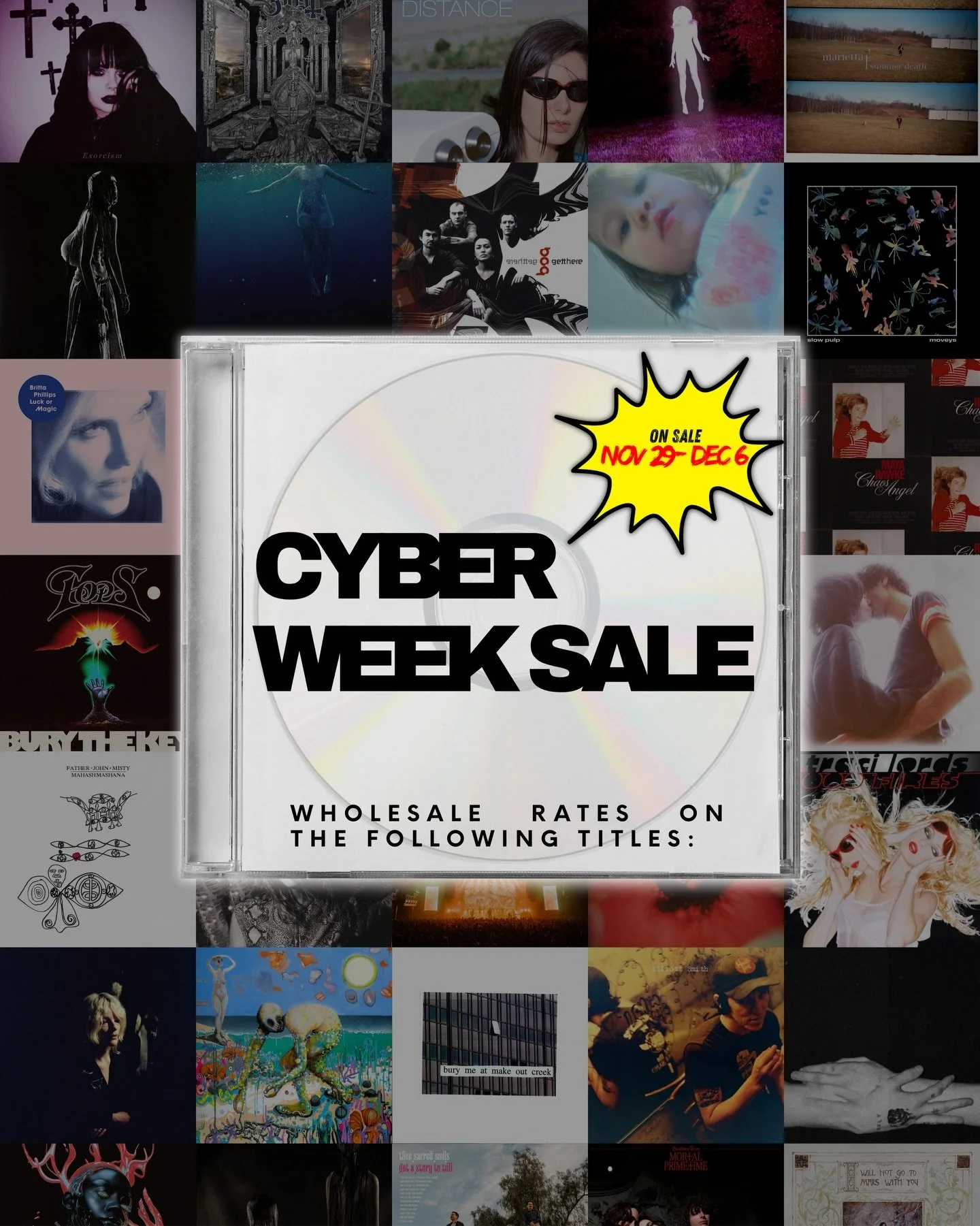 our cyber week sale is here!

for one week only, you pay what we pay for on-hand exclusives

these will arrive in time for the holiday + they will never be this cheap again!

grab the perfect gift with albums from Mitski, Elliott Smith, Sofia Isella,