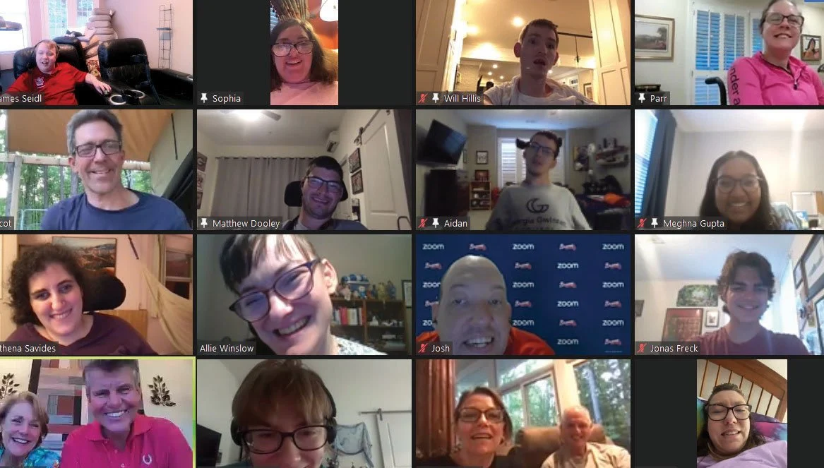 15 Champions Community Connect participants smiling during a zoom event hosted by Paralympian Scot Hollenbeck.