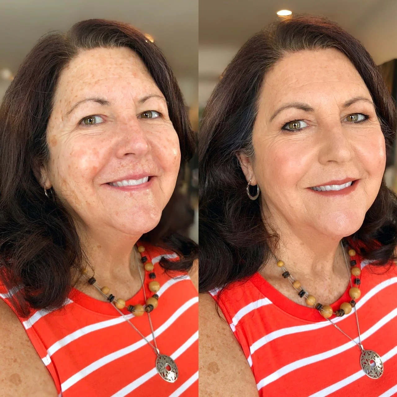 Before and after image of a woman's face after receiving a full makeup application from Ryan Christopher at SW The Salon & Spa