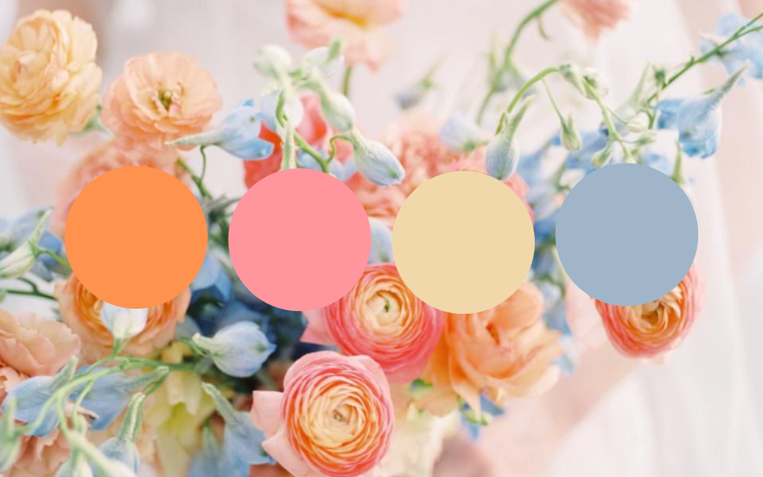 light blue, salmon ranunculus, soft peach flowers