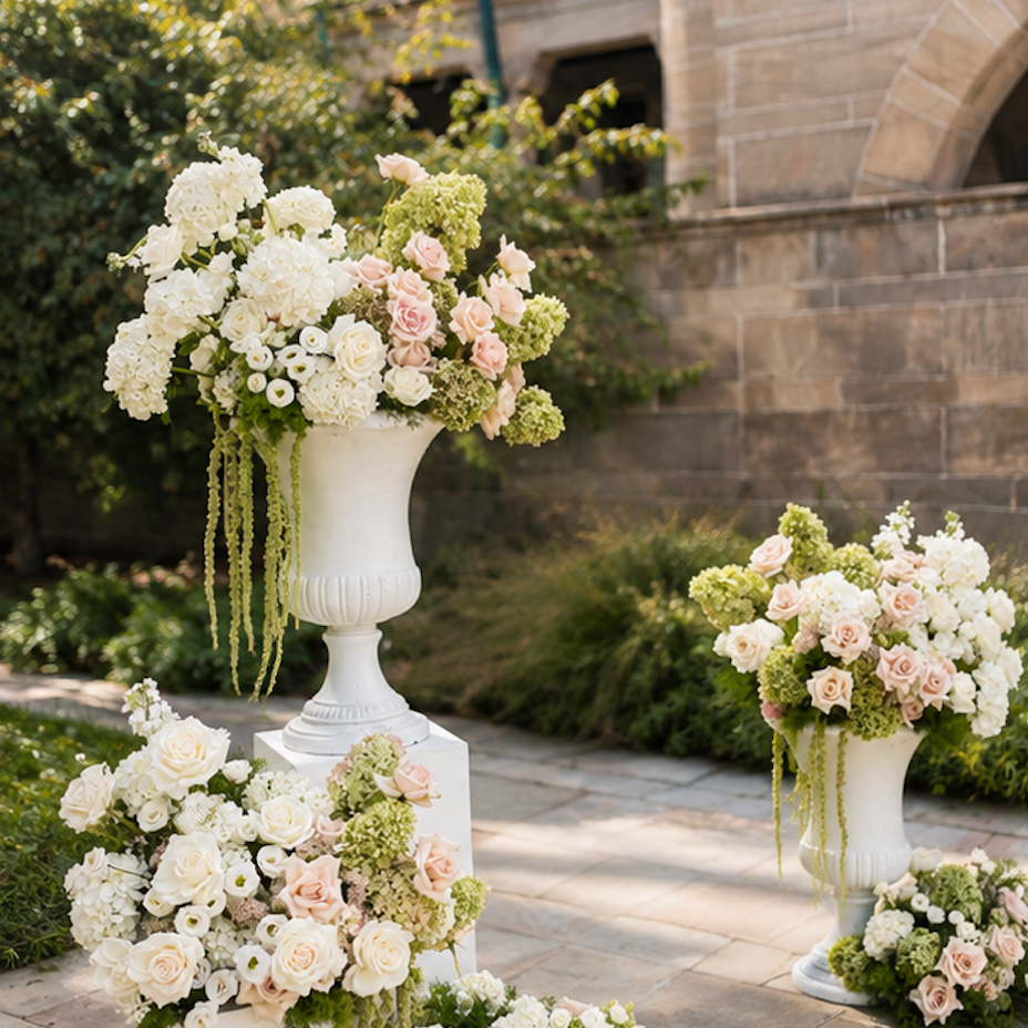 White pillar and urn design with modern green white and blush florals