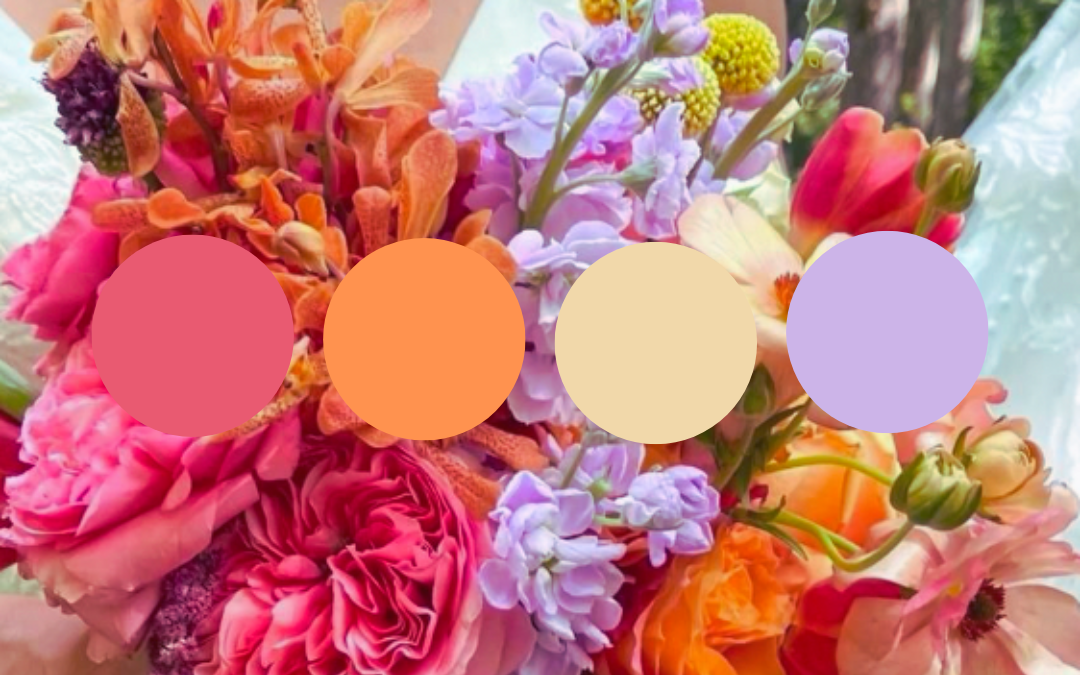 hot pink,  orange, purple, yellow flowers