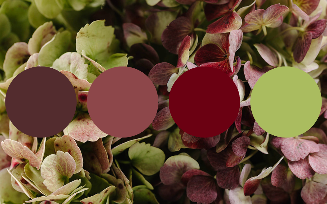 classic wedding flower color palette of burgundy red wine and lush green florals