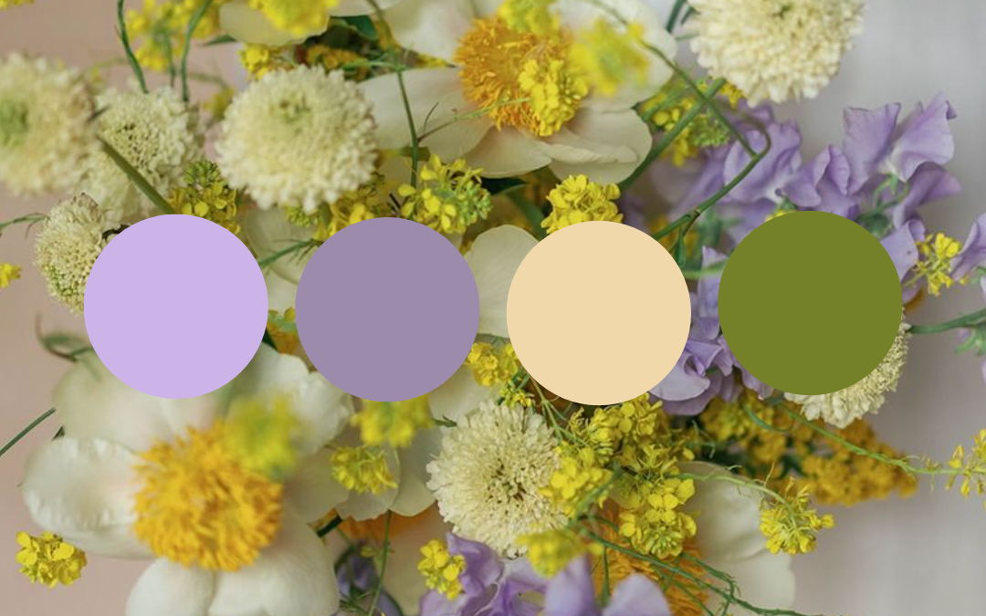 purple green yellow wedding flower palette