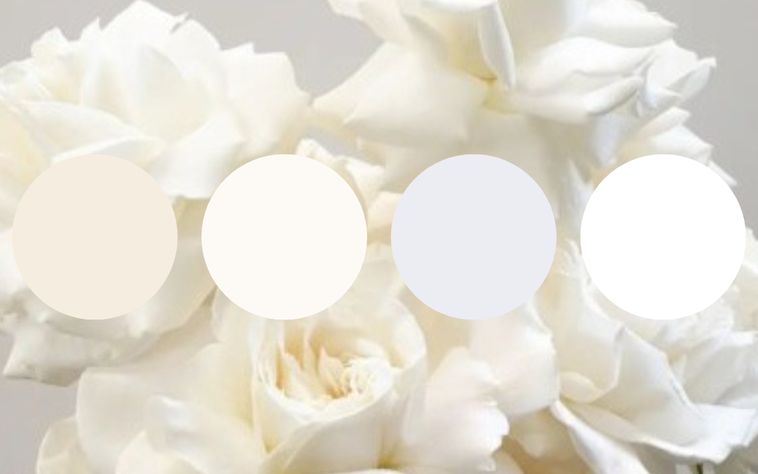 white wedding flower color palette with roses, scabiosa, lisianthus