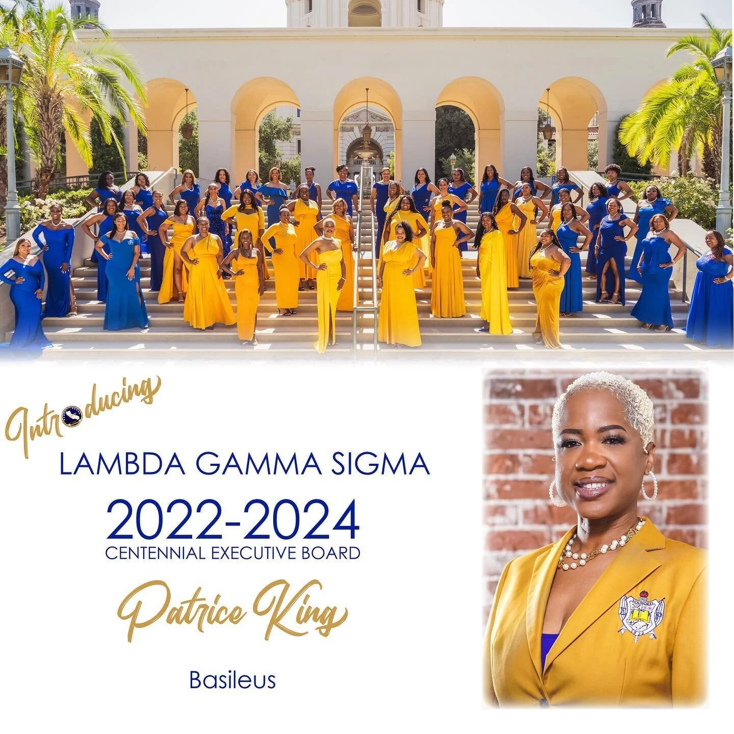 It is with great pleasure that we announce the 2022-2024 Lambda Gamma Sigma Basileus!!! We are celebrating Soror Patrice King for stepping into the role of leadership to further the efforts in Greater Service, Greater Progress! We are excited to see 