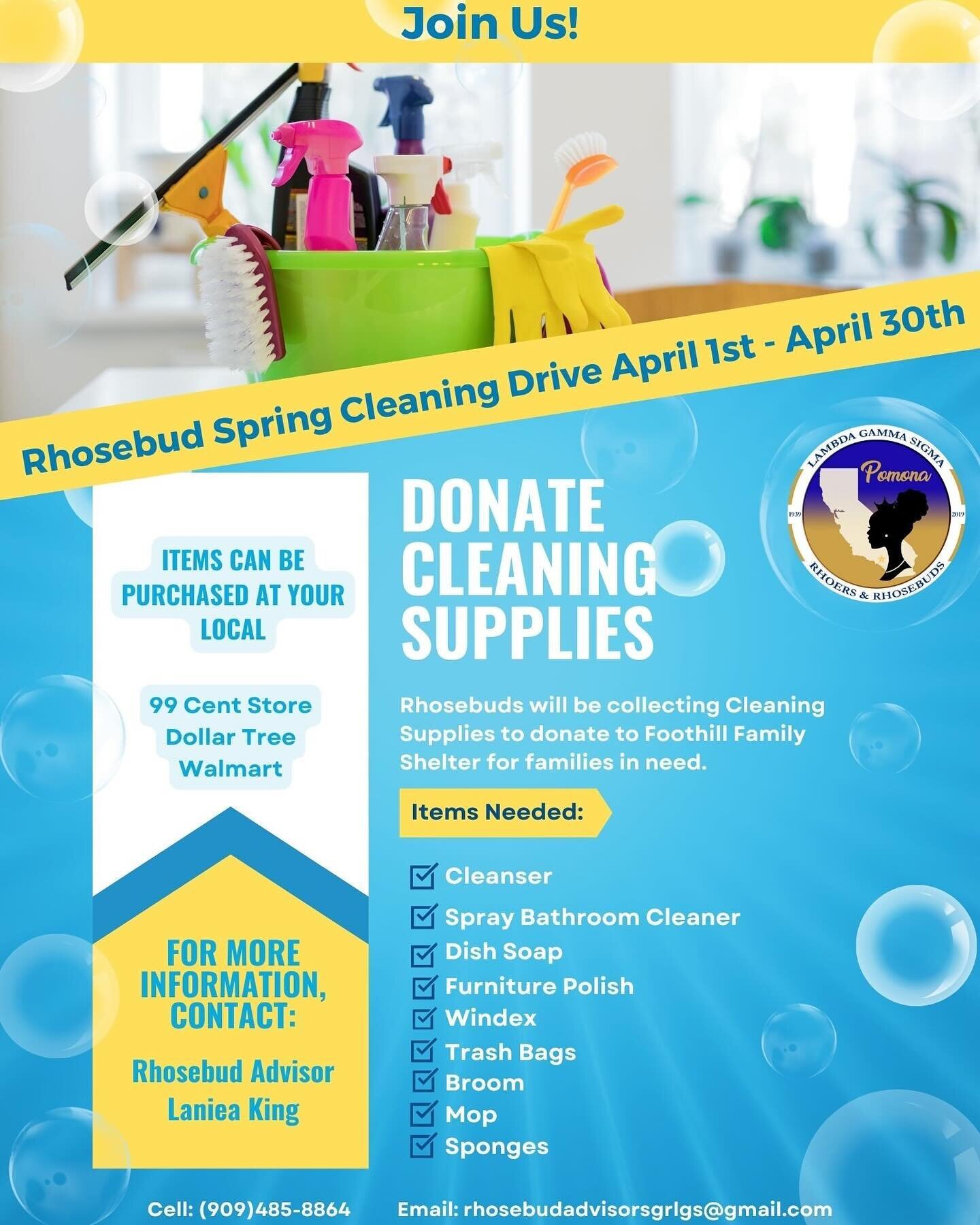 Sigma Gamma Rho Sorority, Inc - Pomona Valley Alumnae Chapter Rhosebuds are hosting a Spring Cleaning Drive for the month of April and are asking for your help! All cleaning items will be donated to the Foothill Family Shelter. All donations are due 