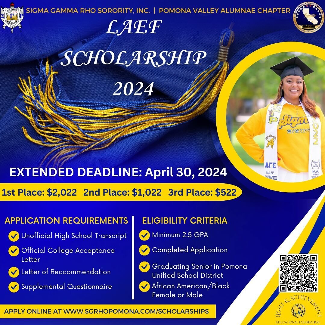 🚨🚨EXTENDED DEADLINE!!!🚨🚨
⠀⠀⠀⠀⠀⠀⠀⠀⠀⠀⠀⠀
The Pomona Valley Alumnae Chapter of Sigma Gamma Rho Sorority, Inc. is excited to present you with an opportunity to apply for the Light and Educational Achievement Scholarship and have extended the deadline 