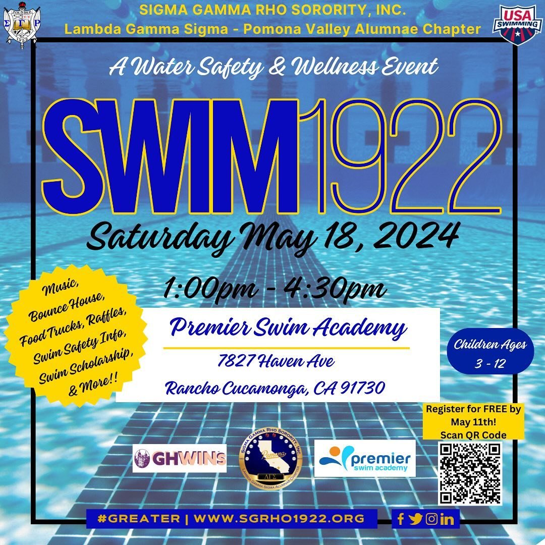 The Legendary Ladies of Lambda Gamma Sigma the Pomona Valley Alumnae Chapter invites you to our Swim 1922 Event happening on May 18th from 1:00pm-4:30pm at Premier Swim Academy in Rancho Cucamonga, CA! Bring your children aged 3-12 to this Water Safe