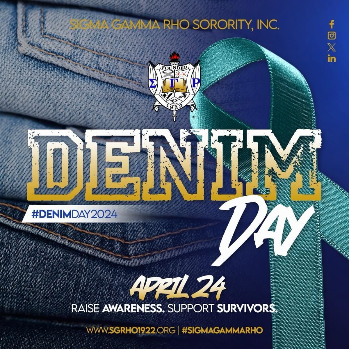 Sigma Gamma Rho Sorority, Inc. is proud to be a part of the 25th Denim Day recognition. Denim Day is a day of action in order to raise awareness about Sexual Assault and Victim Blaming during Sexual Awareness Month.

#SigmaGammaRho #GreaterWomenGreat