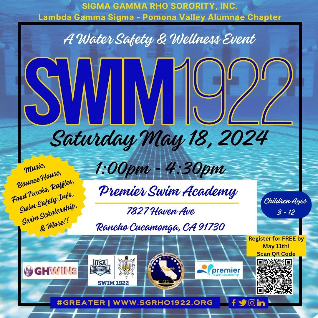 There&rsquo;s still time to register for our Swim 1922 event happening on Saturday May 18th from 1:00 pm to 4:30pm at Premier Swim Academy in Rancho Cucamonga, CA! Bring your children aged 3-12 to this Water Safety and Wellness Event that will be fil